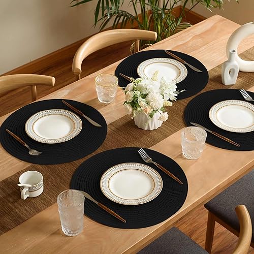 Miniatura 7 de FunWheat Juego de 6 manteles individuales redondos trenzados para mesas de comedor, manteles tejidos resistentes al calor, 15 pulgadas (negro, 6