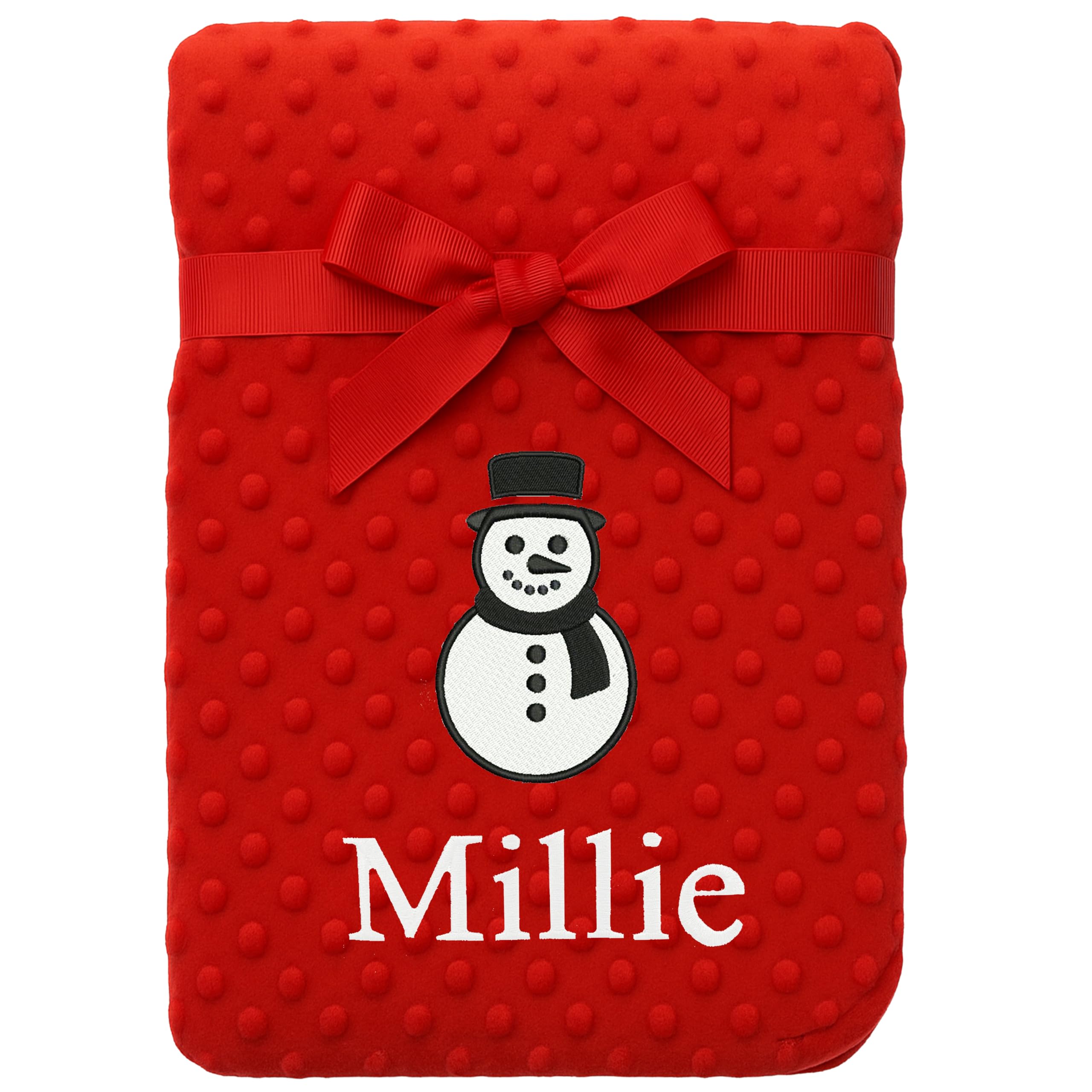 Personalised Baby Red Bobble Blanket – Christmas Santa, Reindeer or Snowman Design – Custom Embroidered with Any Name in White Thread – Baby’s First (Red Bobble - Snowman)
