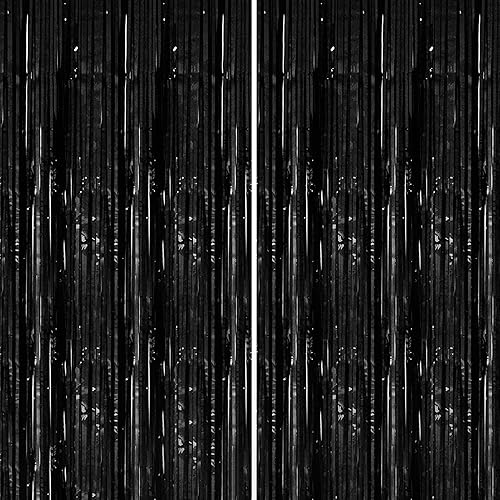 Dazzle Bright Paquete de 2 cortinas tipo telón de fondo negro, 3 x 8 pies, cortinas metálicas de oropel con flecos, fondo de cabina de fotos para