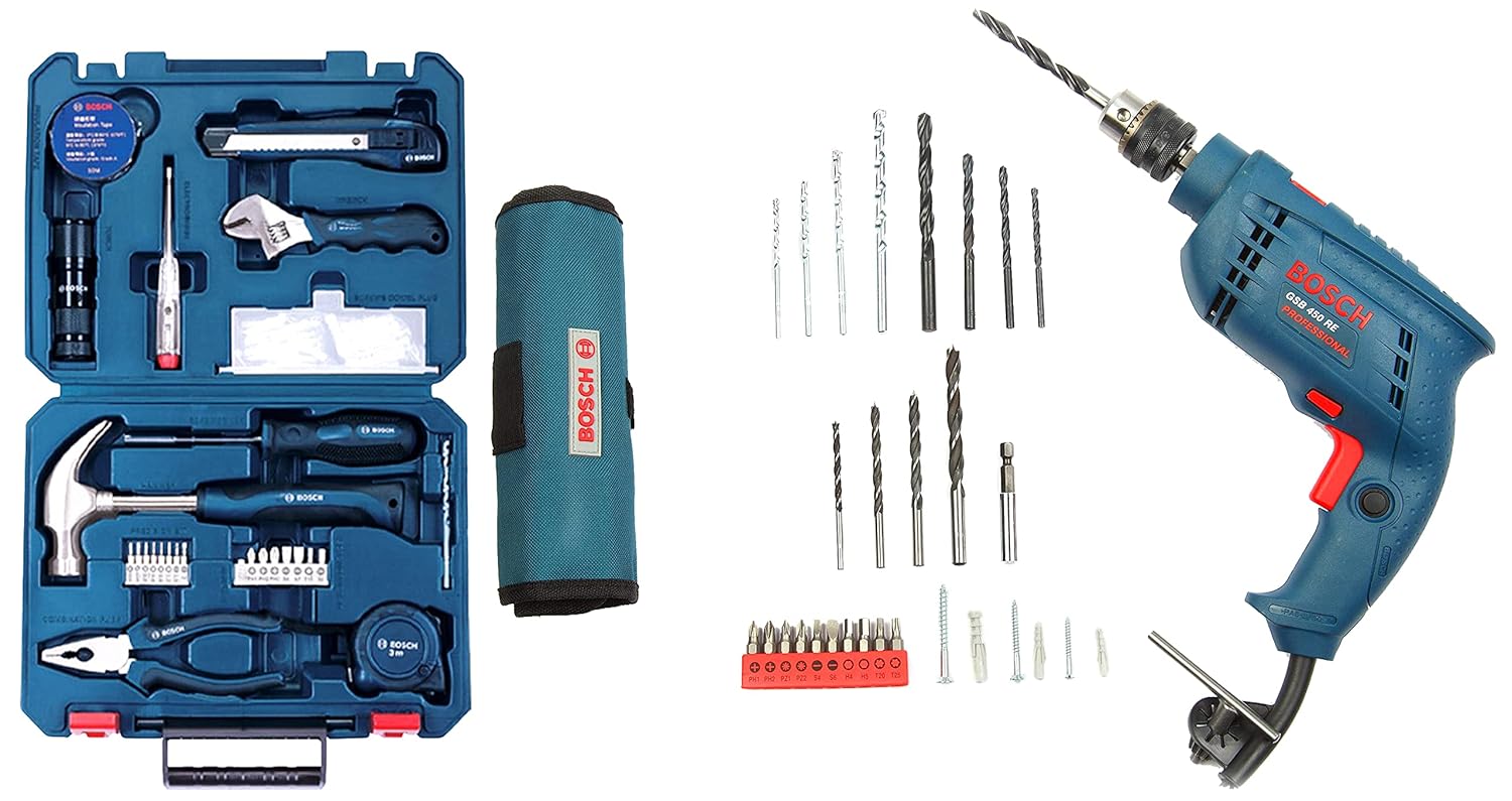 Bosch Hand Tool Kit (Blue, 66 pieces)+Bosch GSB 450Watt Impact Drill