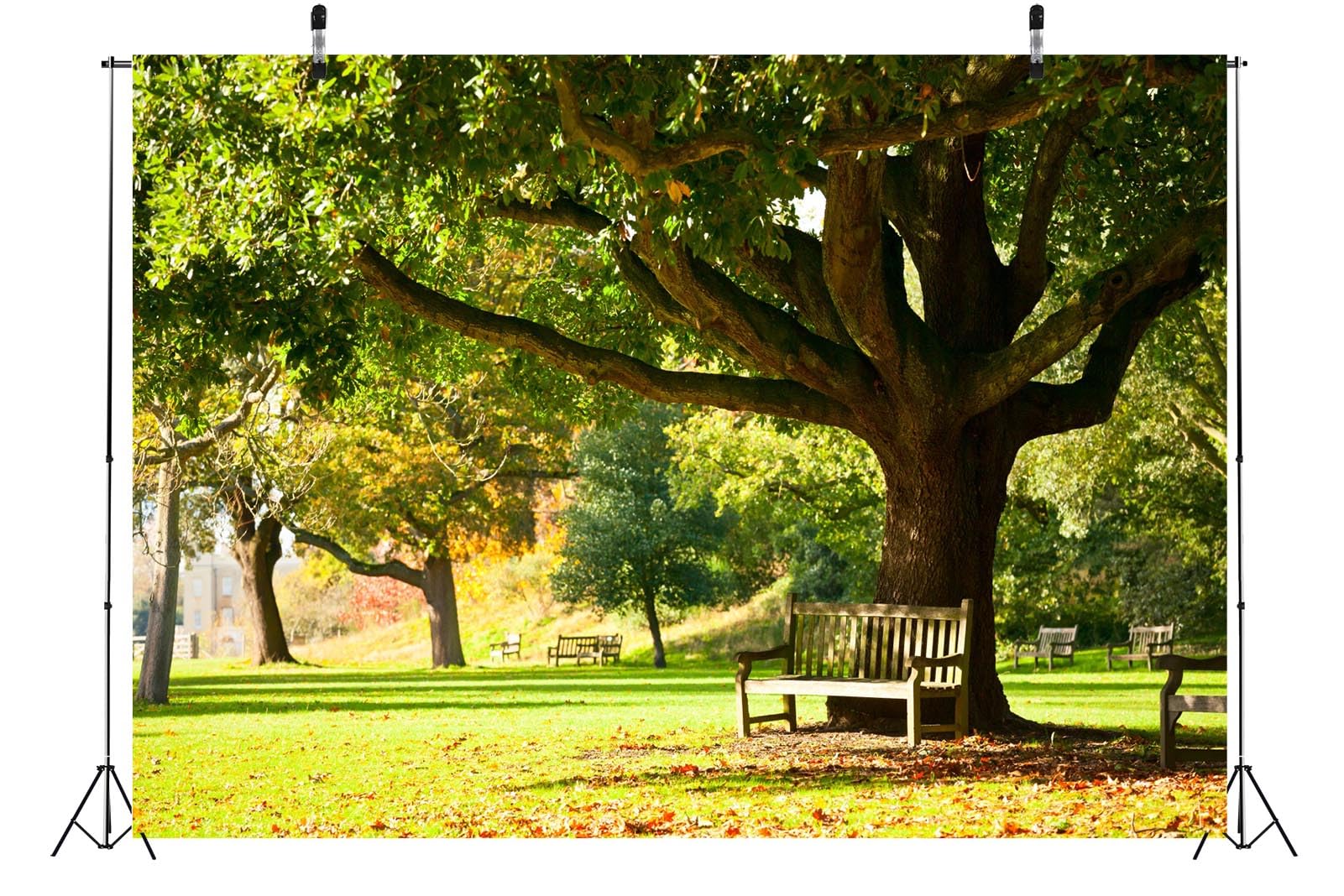 BELECO 4.6x3m Sfondo in tessuto Giardino botanico reale | Parco forestale primaverile panchina sotto albero grande prato verde sfondo ritratti artistici bambini adulti studio foto