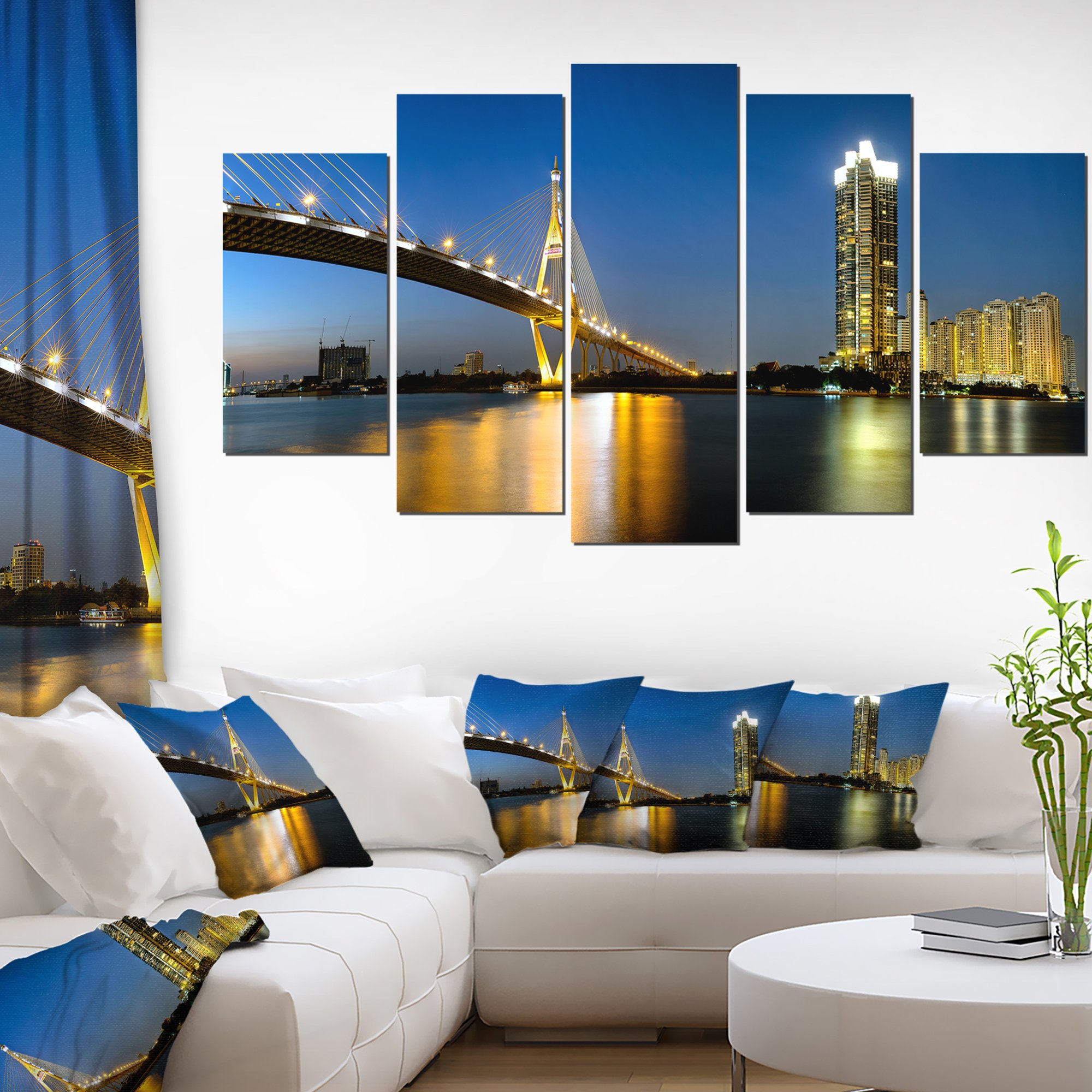 Design ArtLit-up Bhumibol Bridge at Dusk-Cityscape Artwork Canvas-60x32 5 Piece, 60x32-5 Panels Diamond Shape