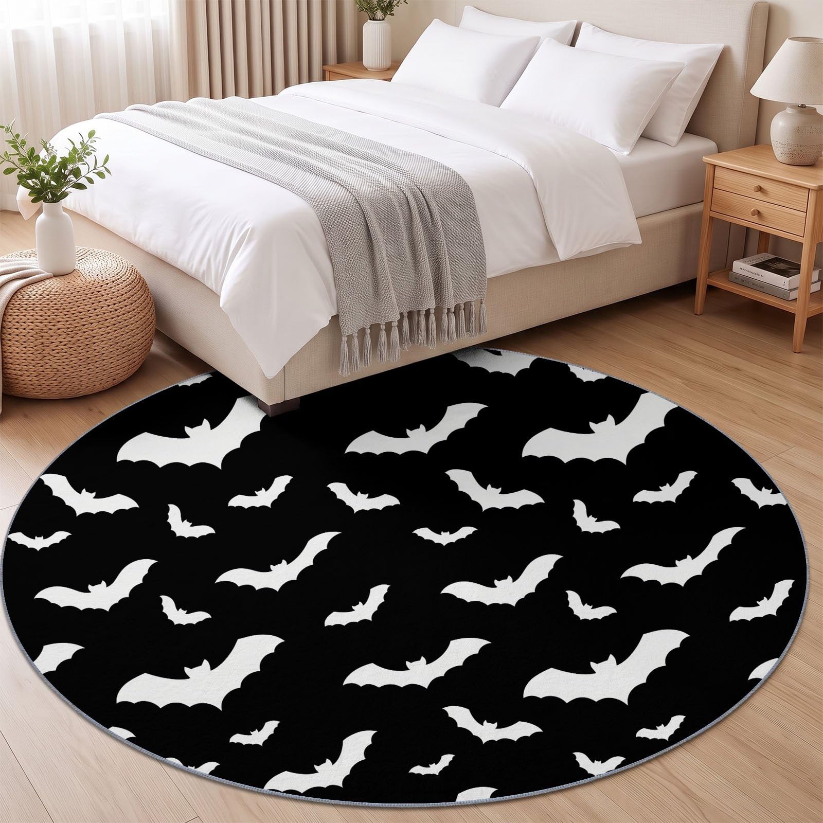 Tapis Rond Halloween Gothique 200 cm, Chauves-Souris Silhouette Animaux Lavable en Machine pour Salon, Noir Antidérapant, Poil Court Tapis Rond Imprimé pour Chambre d’Enfant Nurserie
