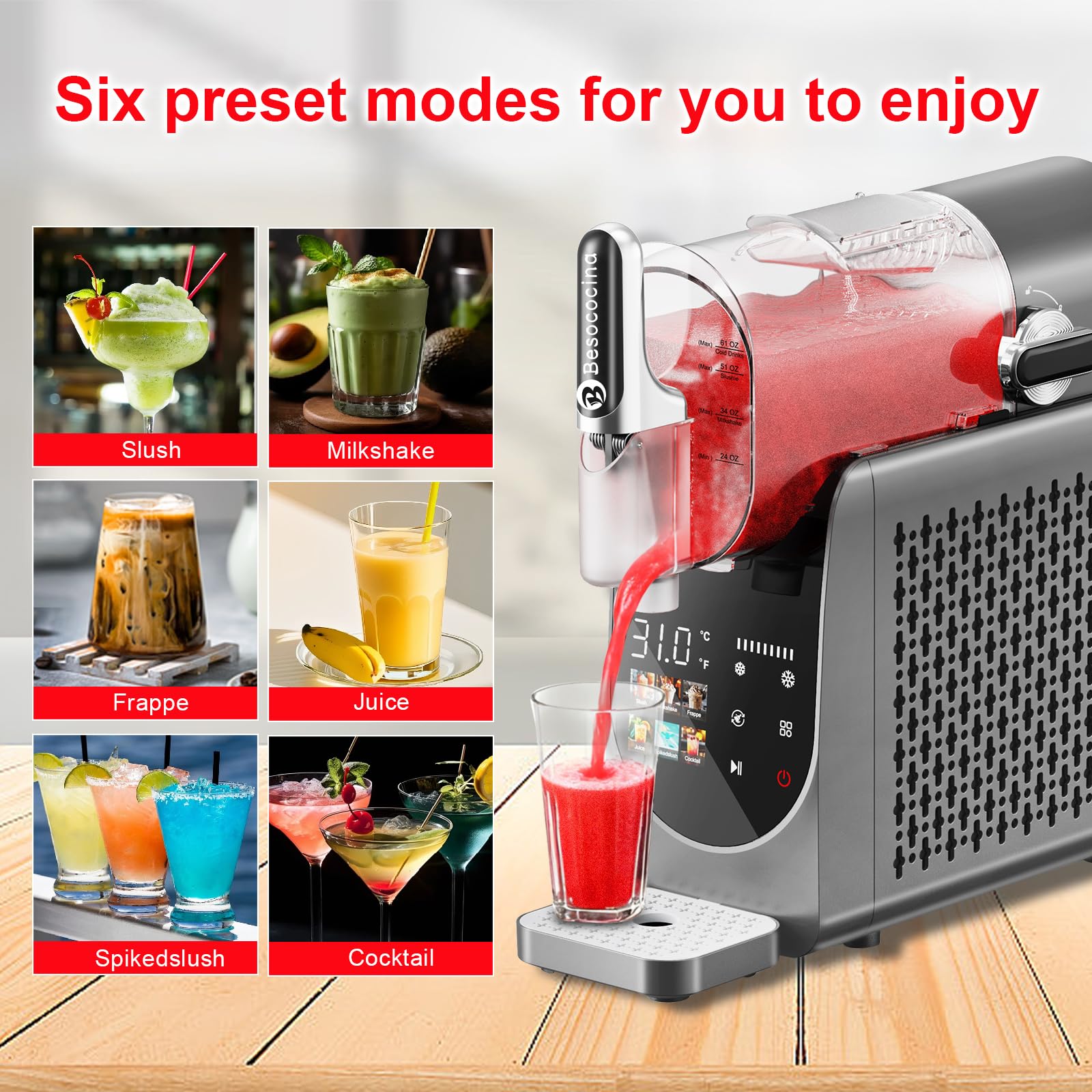 Slushie-Maschine 2,381.4 g, Slushy Maschine für Zuhause, Gefrorene Getränkemaschine mit One-Touchscreen, 6 Programme, Auto Clean, Spülmaschinenfeste Teile