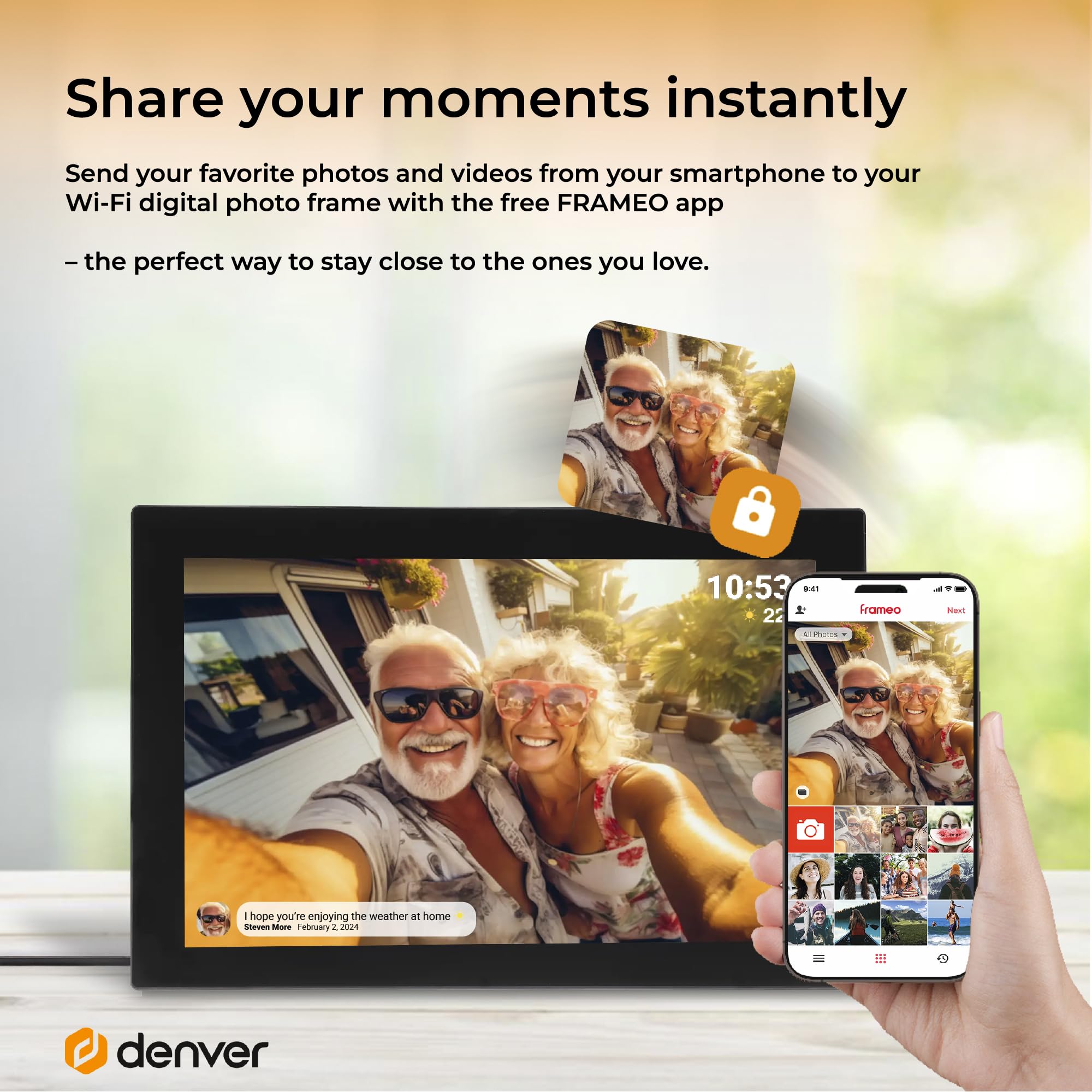 Denver Frameo Marco Digital WiFi 10,1 Pulgadas, Pantalla IPS táctil 1280 x 800, 16 GB, App Frameo, Color Negro