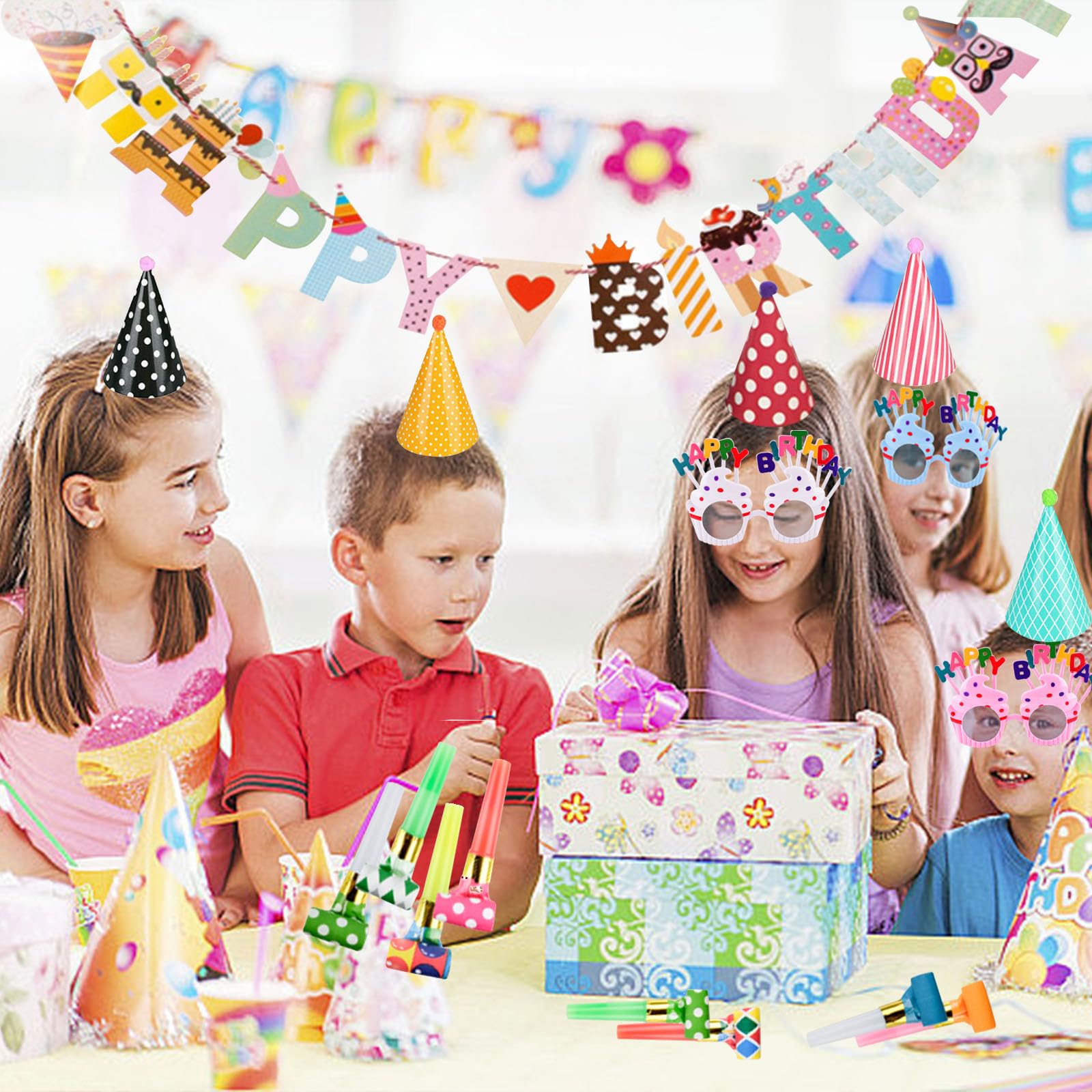 Kit Déco Fête D'Anniversaire - 25 Pièces Avec Chapeaux, BanderoLes, Sifflets Et Verres | Pour Enfants Et Adultes