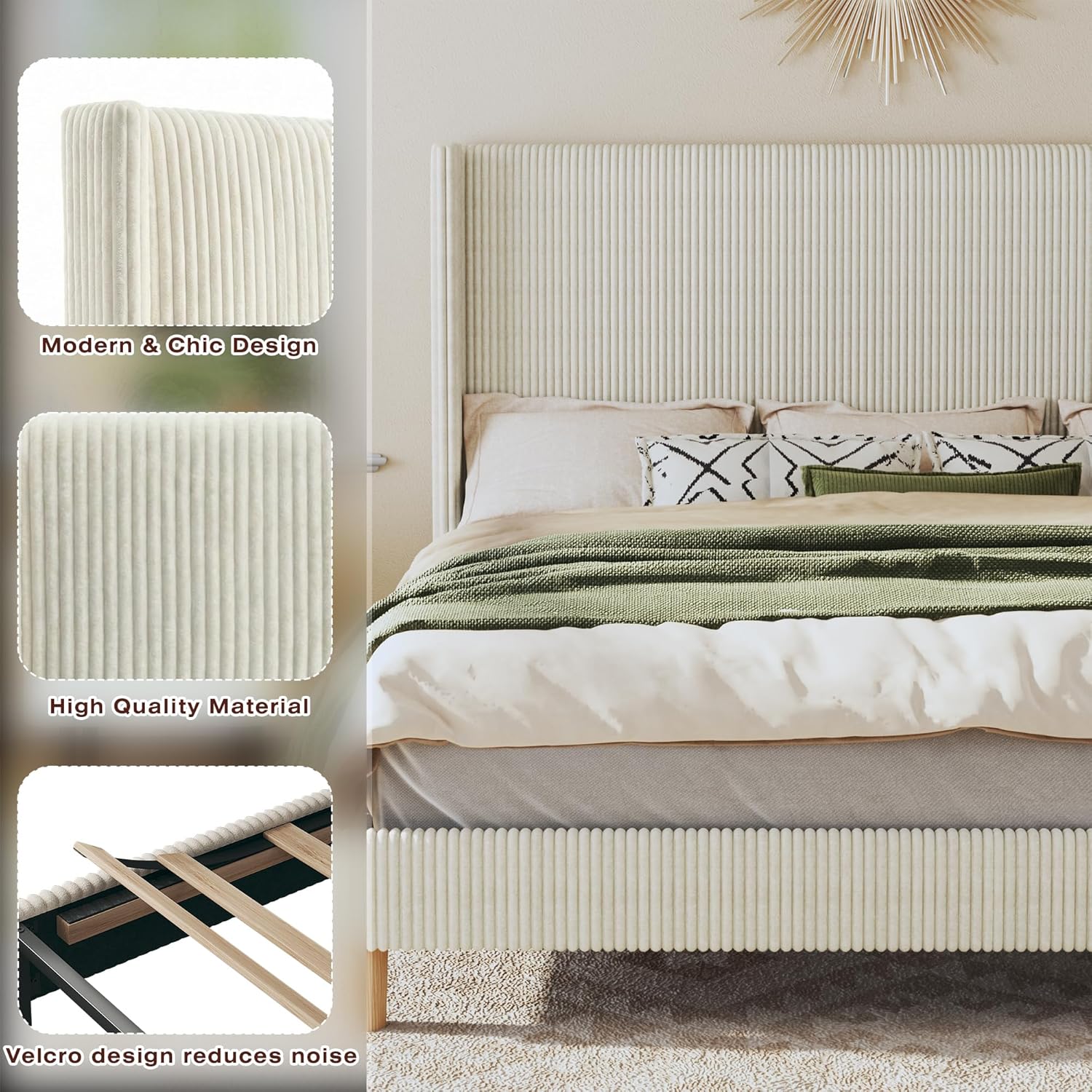 HUAHUU King Size Bed Frame with 51.2" Tall Headboard, Corduroy Upholstered Bed Frame with Wingback, Platform Bed with Wooden Slats Support, Easy Assembly, No Box Spring Needed, Beige