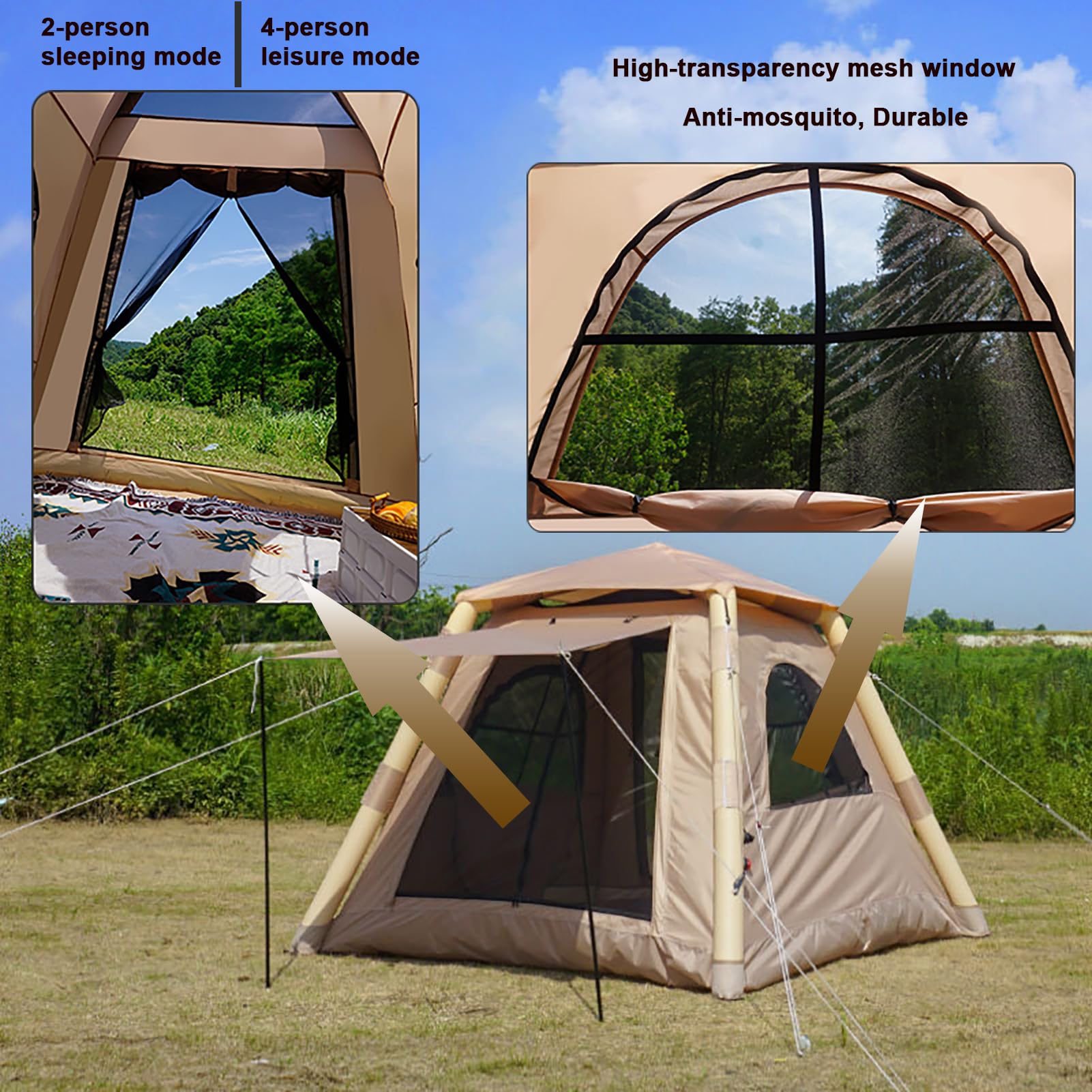 Tenda gonfiabile per campeggio 4 persone, Tenda da campeggio gonfiabile con pompa, Glamping Tenda per famiglia 4 stagioni, impermeabile per esterni, con finestra e porte in rete