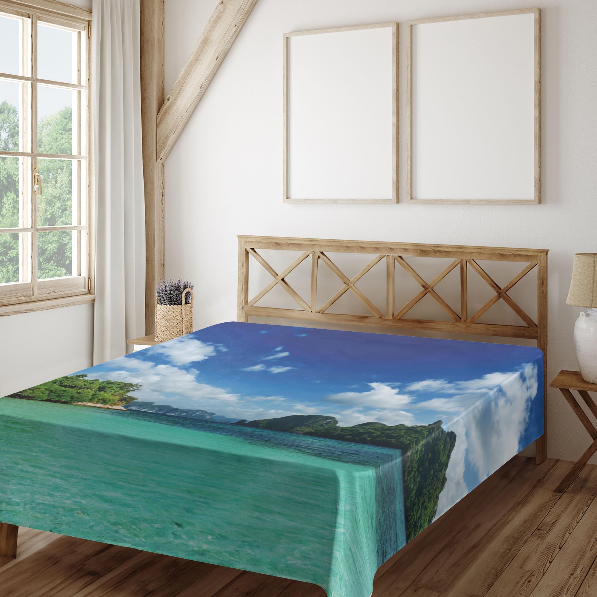 Ambesonne Landscape Flat Sheet, Summer Island Botanic Tropical View with Sea Mountain Tree Forest Photo, Soft and Comfortable Top Sheet Decorative Bedding 1 Piece, Full Size, Turquoise Blue Green