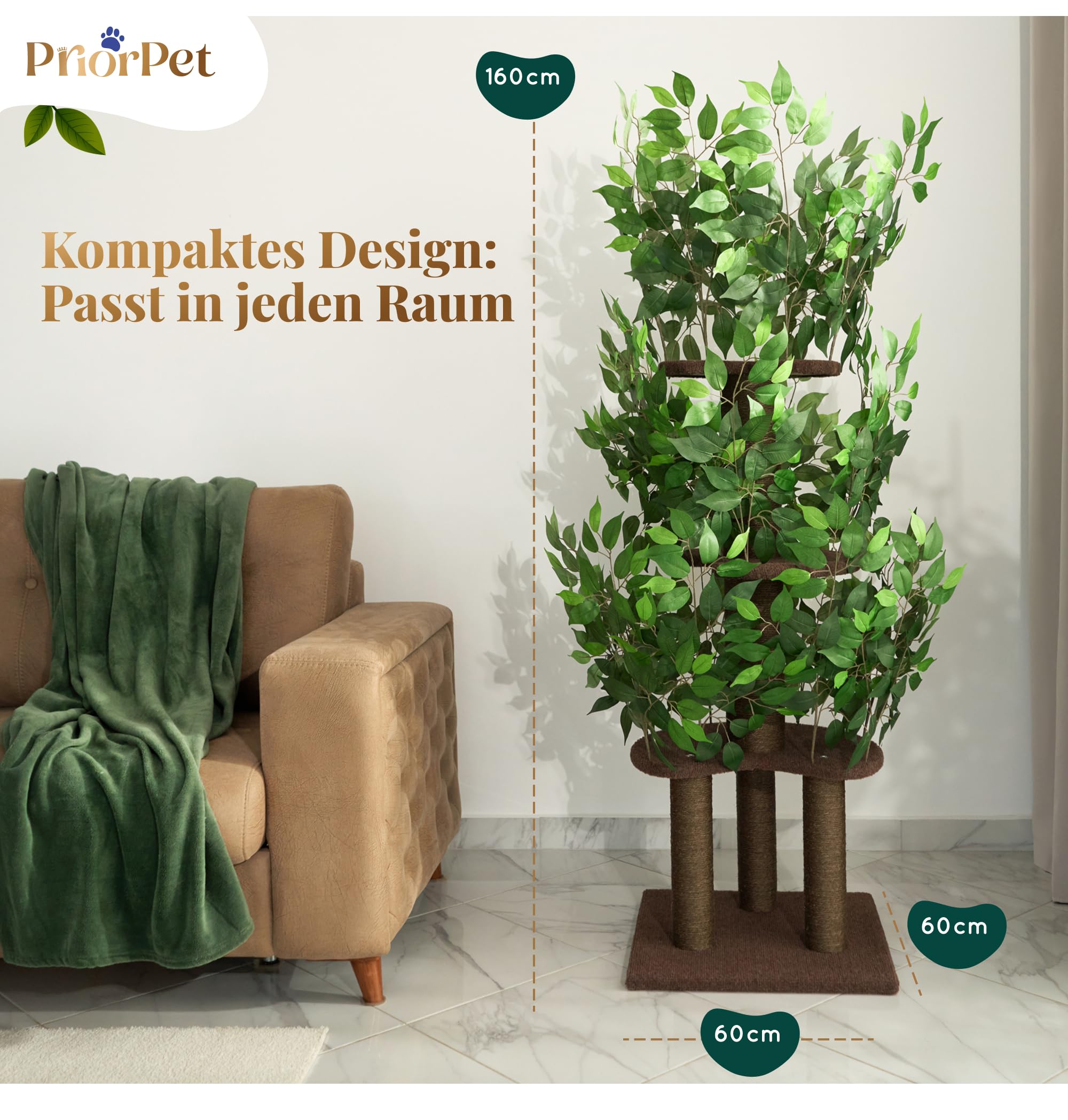 Kratzbaum mit Blättern – Stabiler & Platzsparender Katzenbaum – 4 kratzbare Ebenen & 3 Kratzsäulen – Klettern, Verstecken, Schlafen – Einfache Montage – Haustiersicherer & Langlebiger Cat Tree Natur