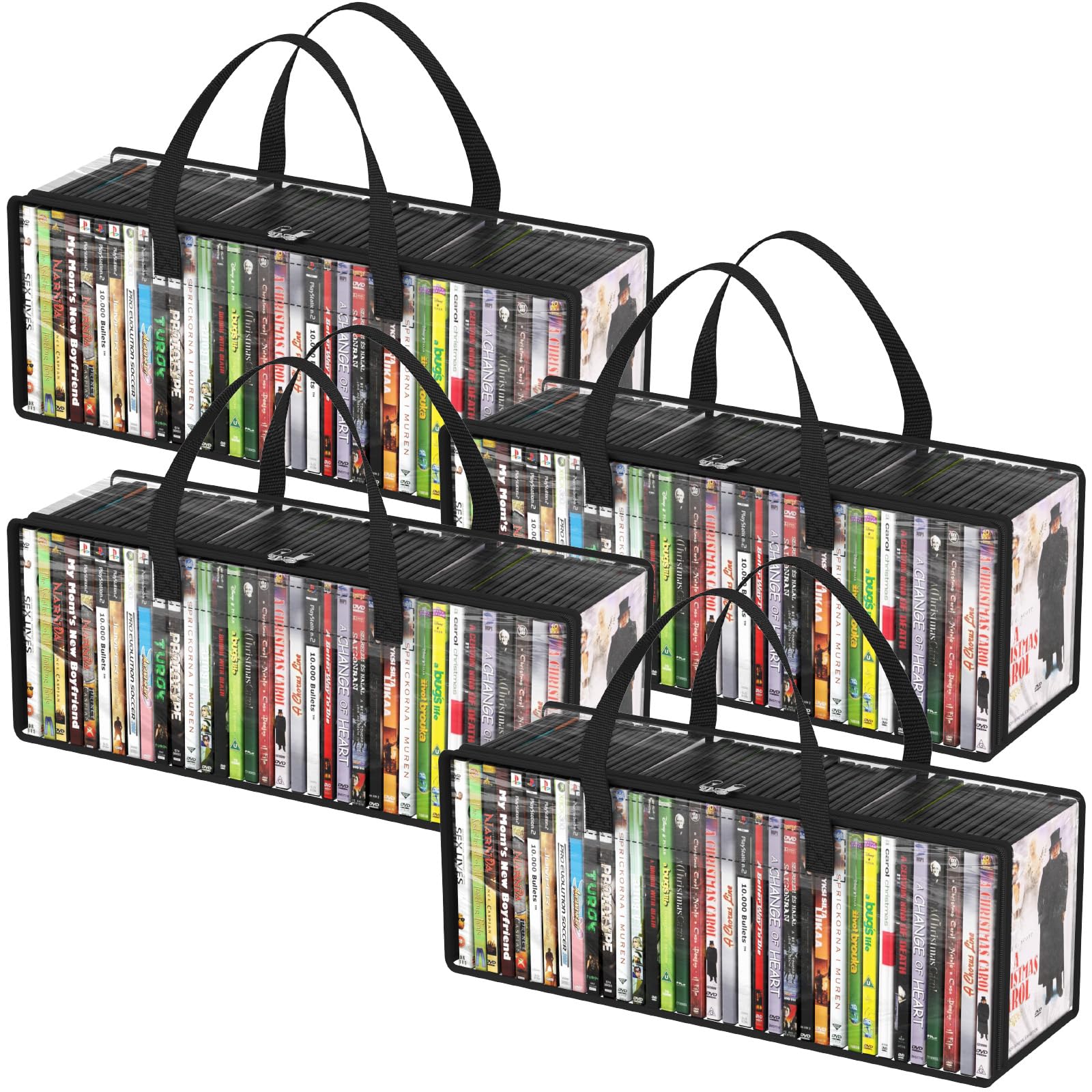 Lifewit DVD Storage Cases, Clear PVC DVD Organizer Boxes with Handles and Zipper, Media Holder Bags for Blu Ray Disc, Movie Case, Video Game Disks, Albums, Books, Hold up to 140 DVDs (35 Each), 4 Pcs