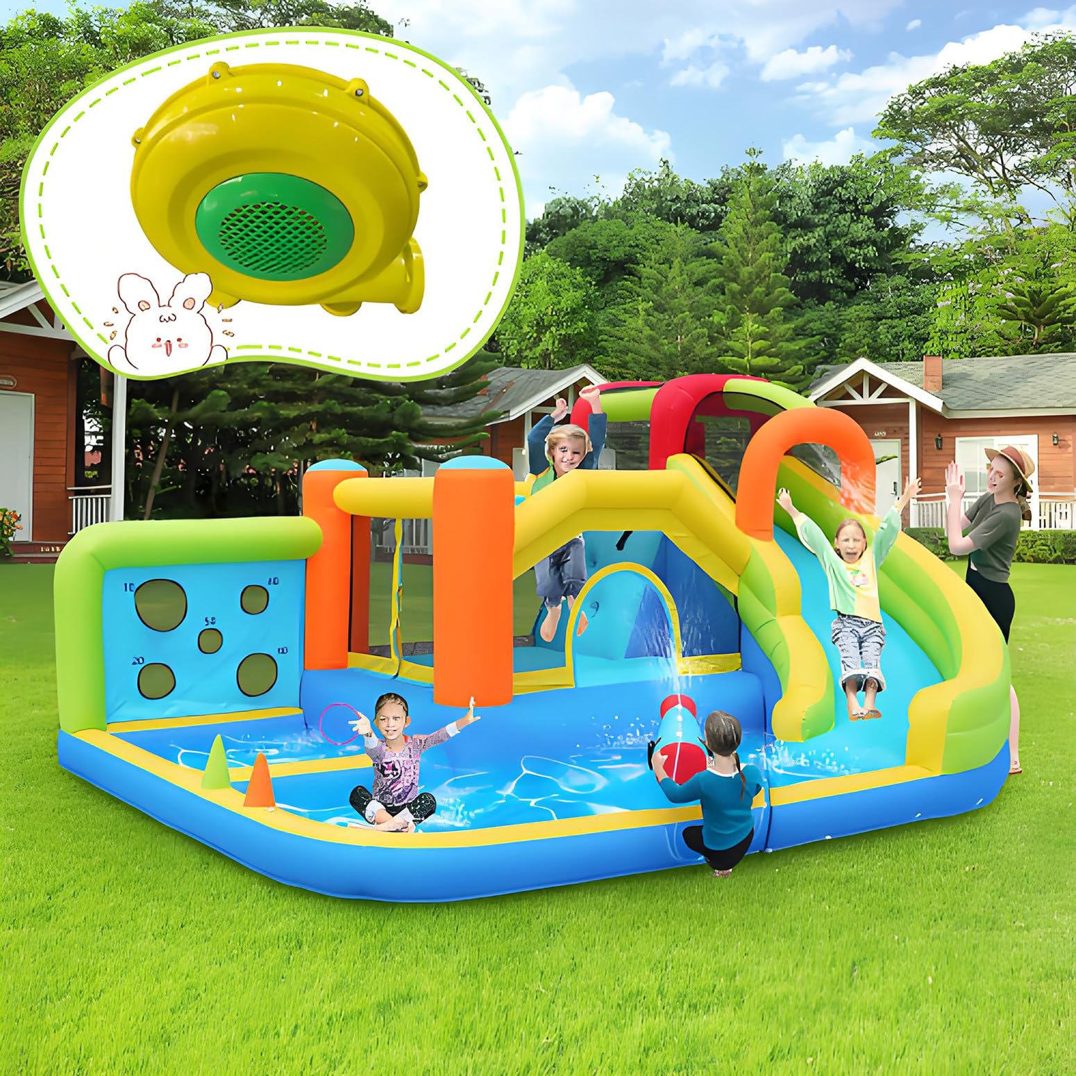 Castillo Hinchable Parque Acuático Multifuncional + Parque de Trampolines para Niños, Tobogán, Muro de Lanzamiento, Canasta de Baloncesto, Muro de Escalada, Incluye Ventilador de 450W, Carga Máx 180kg