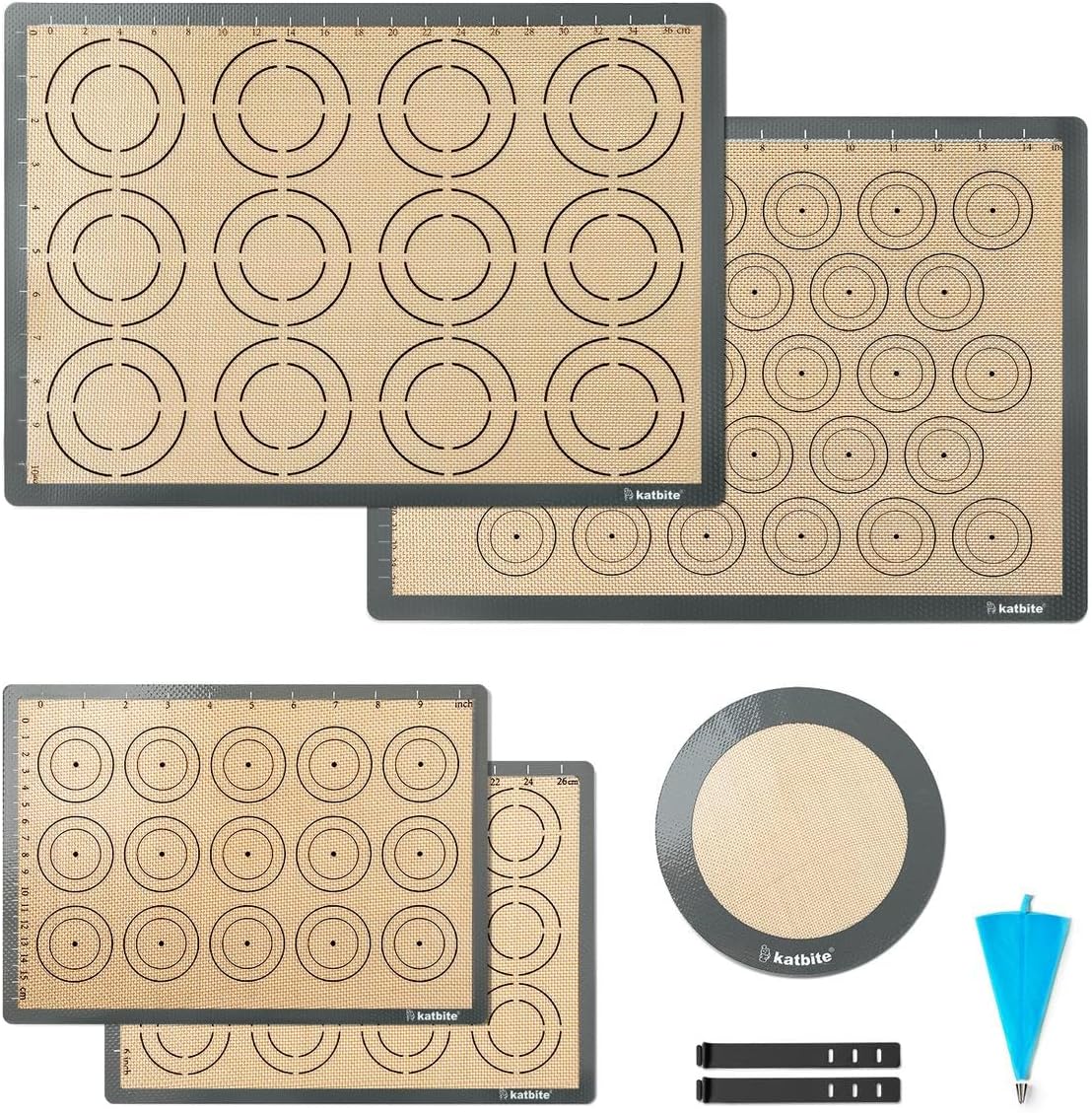 katbite Silicone Baking Mat, Large Baking Mat Set of 5-2 Half Sheets Mats (11 5/8" x 16 1/2") + 2 Quarter Sheets + 8" Round Mat, Reusable & Nonstick Bakeware Mats for Cookies, Macarons, Pizza, Pastry