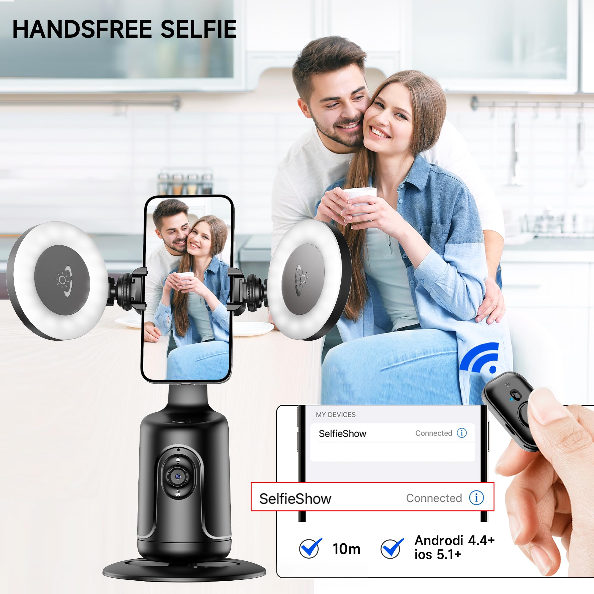 Auto Tracking Treppiede Smartphone con Luce Selfie, Supporto per Telefono Cellulare con Funzione di AI Tracciamento 360°del Viso e Telecomando, Stabilizzatore Gimbal Bastoni Selfie per iPhone/Android