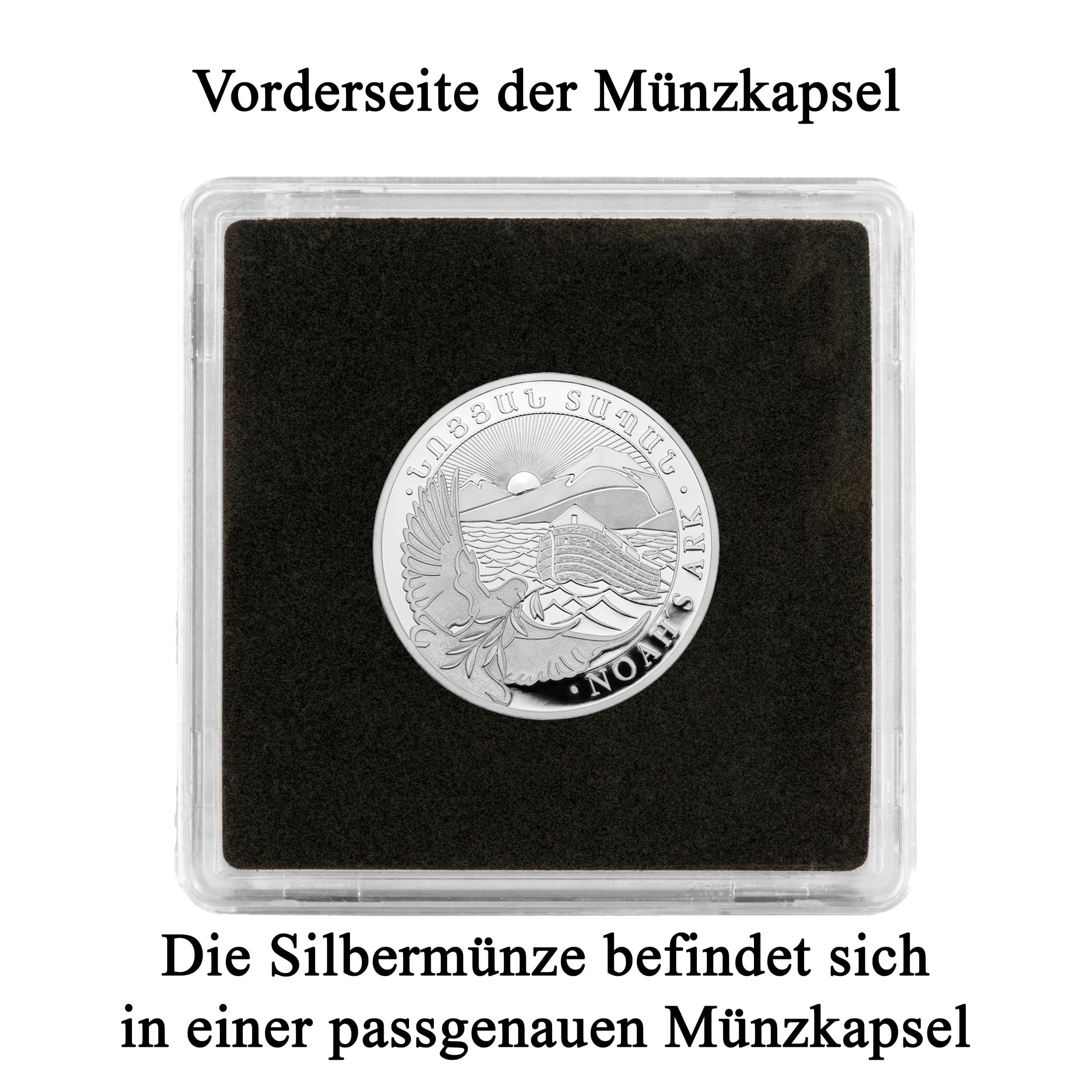 Silbermünze Arche Noah | Aktueller Jahrgang | Feinsilber 999 | In Münzkapsel & schwarzem Etui | Inkl. Grußkarte und Echtheitsgarantie | Geschenk zur Taufe & Taufmünze (1/4 oz)