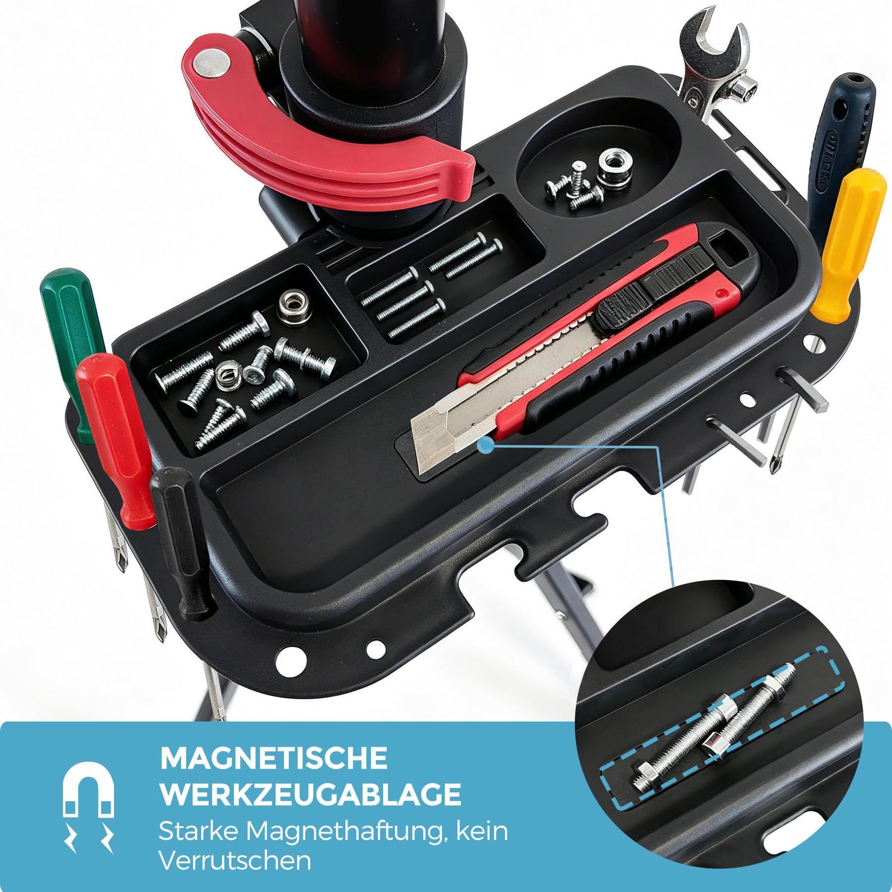 Profi Fahrrad Reparaturständer, mit großem rechteckigem magnetischem Werkzeugtablett und Vorderradhalter, 360° drehbarer Klemmkopf, klappbar & universell verstellbar, bis 30 kg belastbar