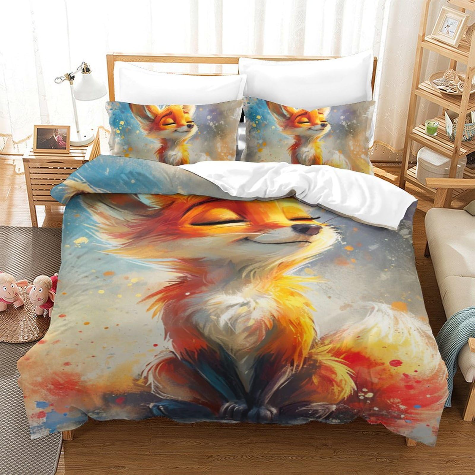 Housse de couette renard 3D : cadeau idéal parure de lit microfibre 140x200