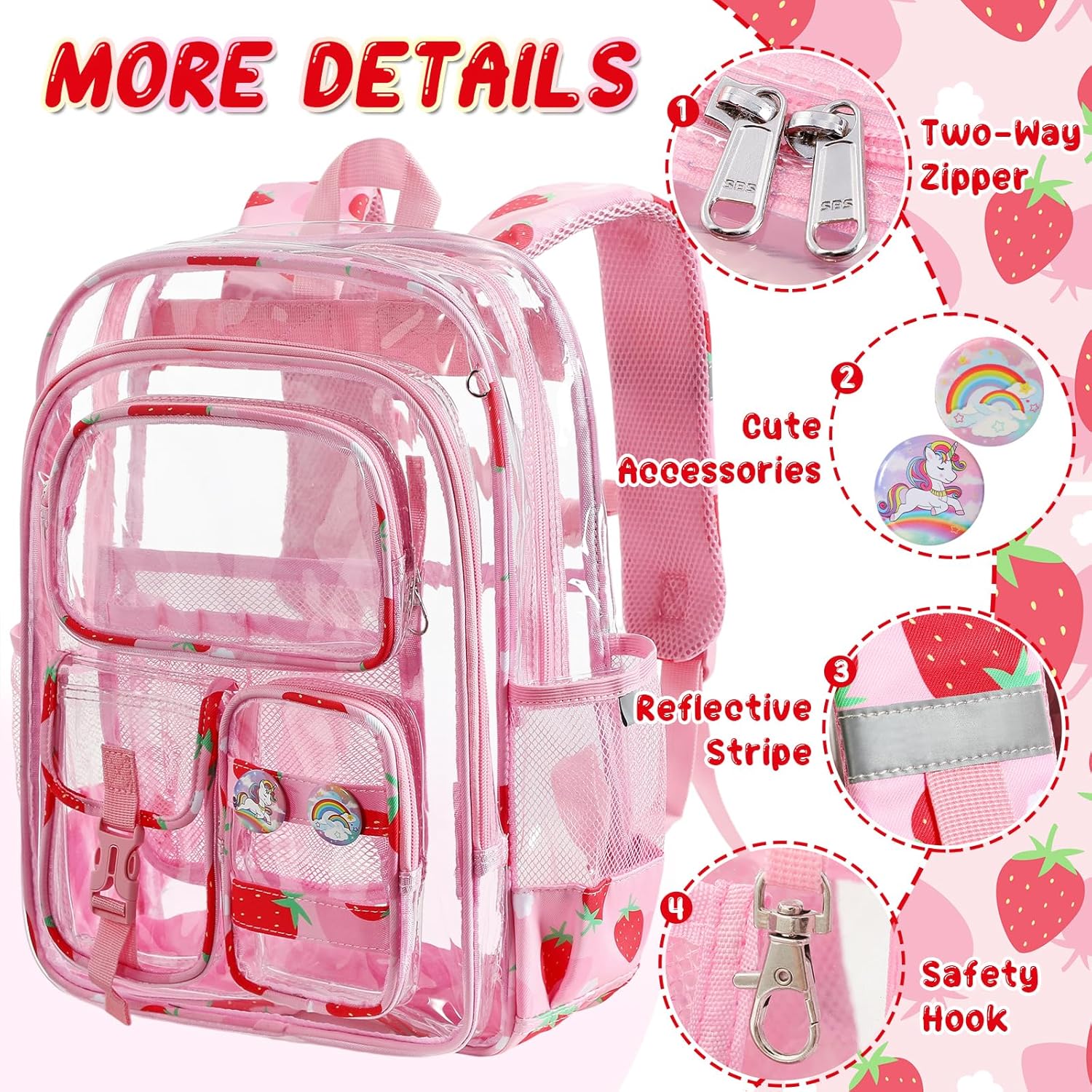 Clear Backpack for Kids, Strawberry Backpack for Girls, Water-Resistant See Through Bookbag with Chest Strap for Preschool Kindergarten College Travel Stadium Work Concert - Image 5