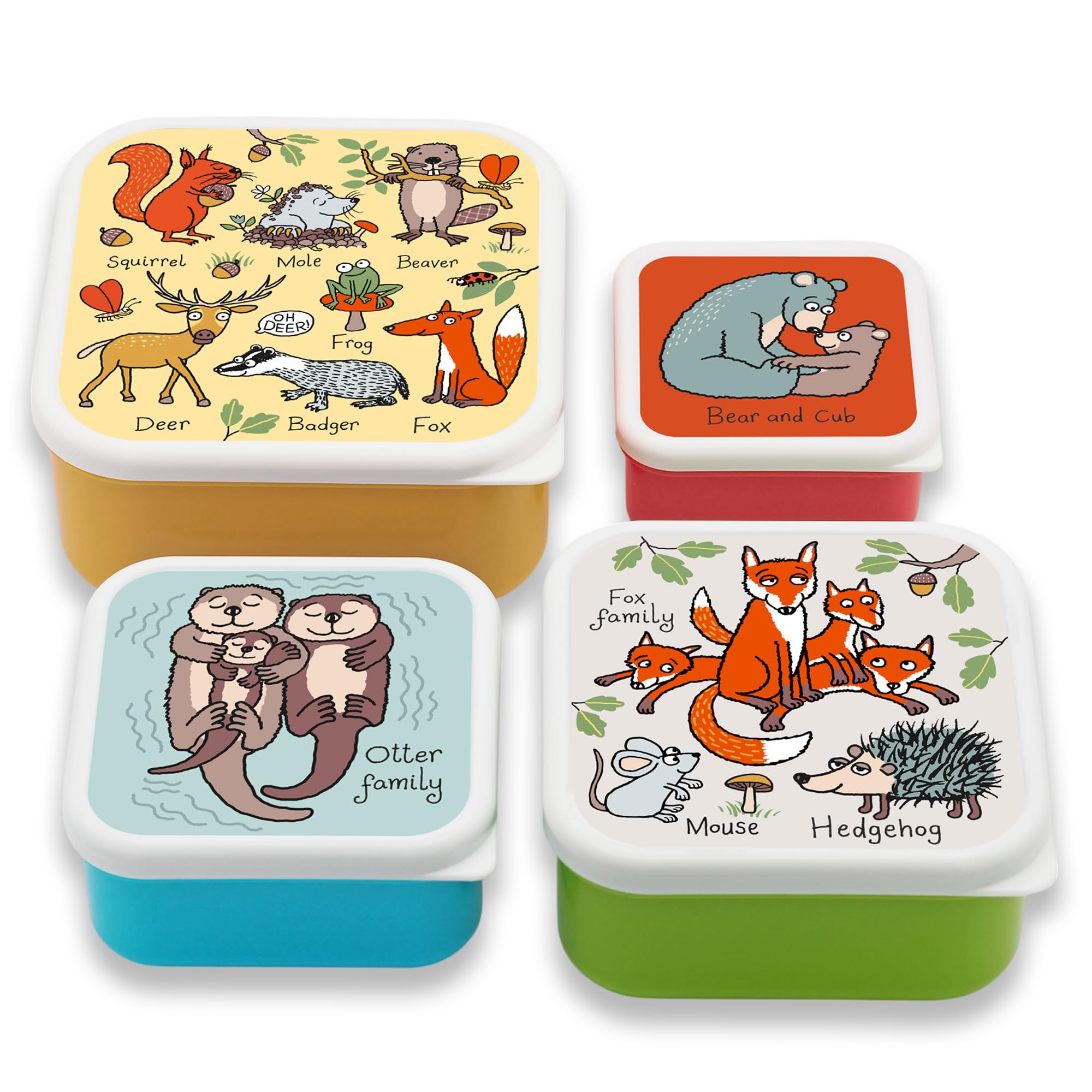 Tyrrell Katz Woodland Kids Snack Boxes With Animals Theme Print - Children's 4 Piece Set - Freezer Safe Square Food Storage Containers