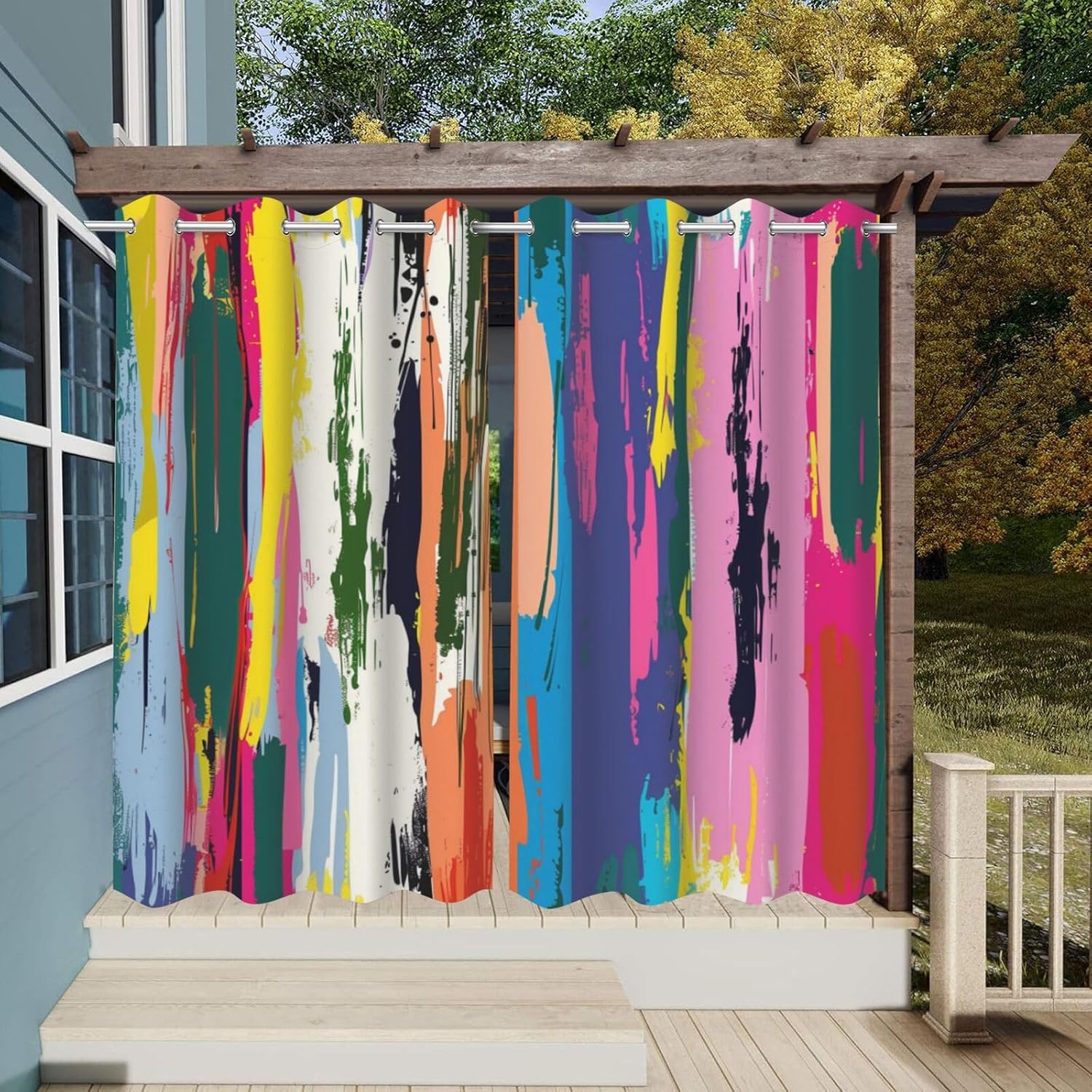 Abstract Art Theme Waterproof Outdoor Curtains for Patio,Colorful Stripes Pattern,Light Filtering Curtains Outside Curtains for Porch, Gazebo, Pergola, Backyard,2 Panels,W54 x L84,Multicolor