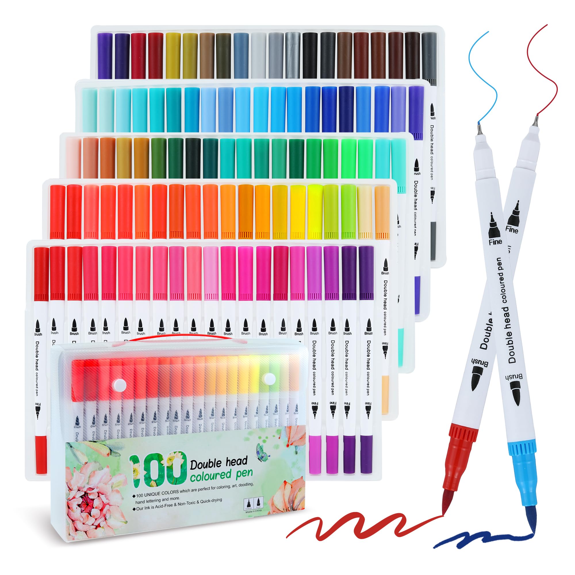 Dual Brush Markers 100 Colors Water-Based Ink Art Pens with Fine