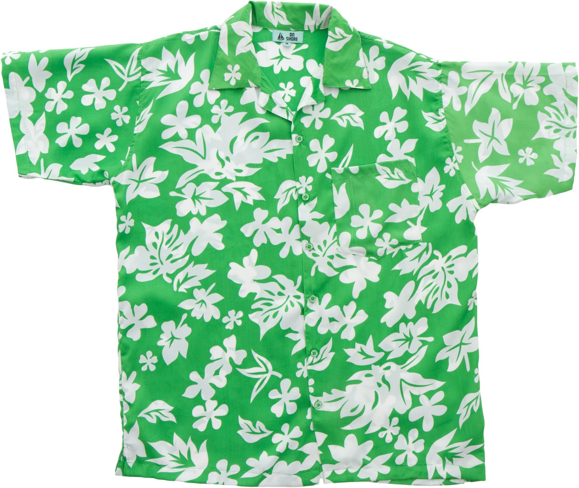 On Shore Men's Tropical Hawaiian White Floral Print Aloha Shirt, Green X-Large