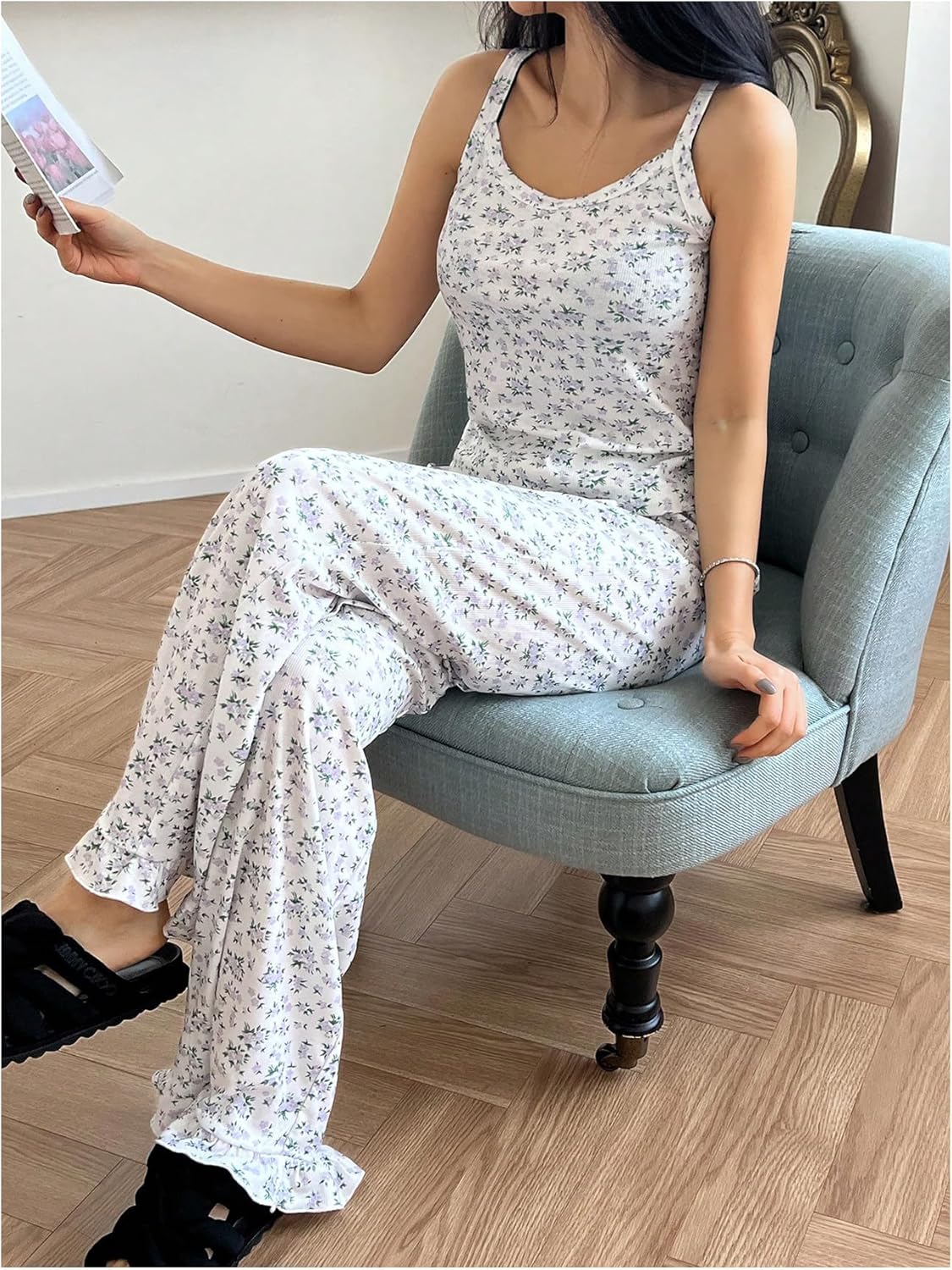 Floerns Women's 2 Piece Floral Pajama Sets Camisole Tops and Ruffle Pants Set Y2K Cute Loungewear - Image 4