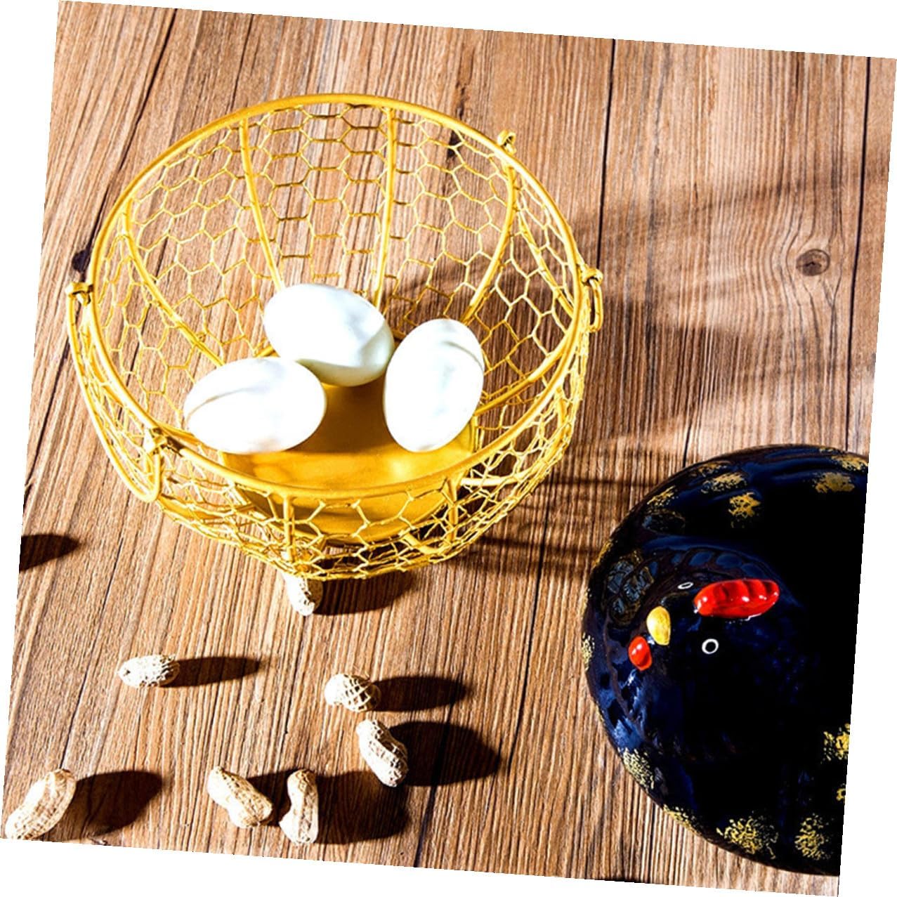 TIDTALEO Iron Art Chicken-shaped Egg Basket with Lid, Black and Gold Kitchen Storage Container, Food and Egg Holder for Rustic Farmhouse Countertop