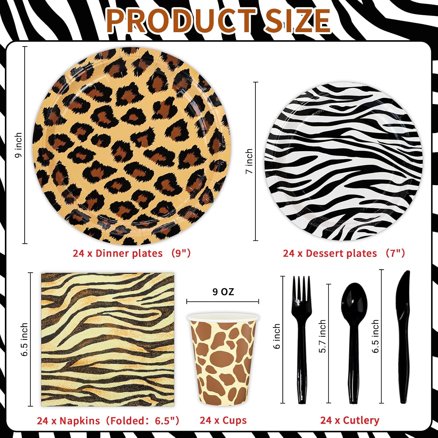 DYLIVeS 168pcs Zoo Animal Print Birthday Party Decorations, Leopard Print Dinner Plates Zebra Dessert Plates Tiger Napkins Giraffe Cups Cutlery Disposable Safari Jungle Theme Party Supplies, Serves 24