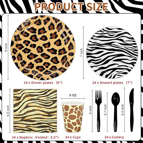Miniatura 2 de DYLIVeS 168 piezas de decoración de fiesta de cumpleaños con estampado de animales del zoológico, platos de cena con estampado de leopardo, platos