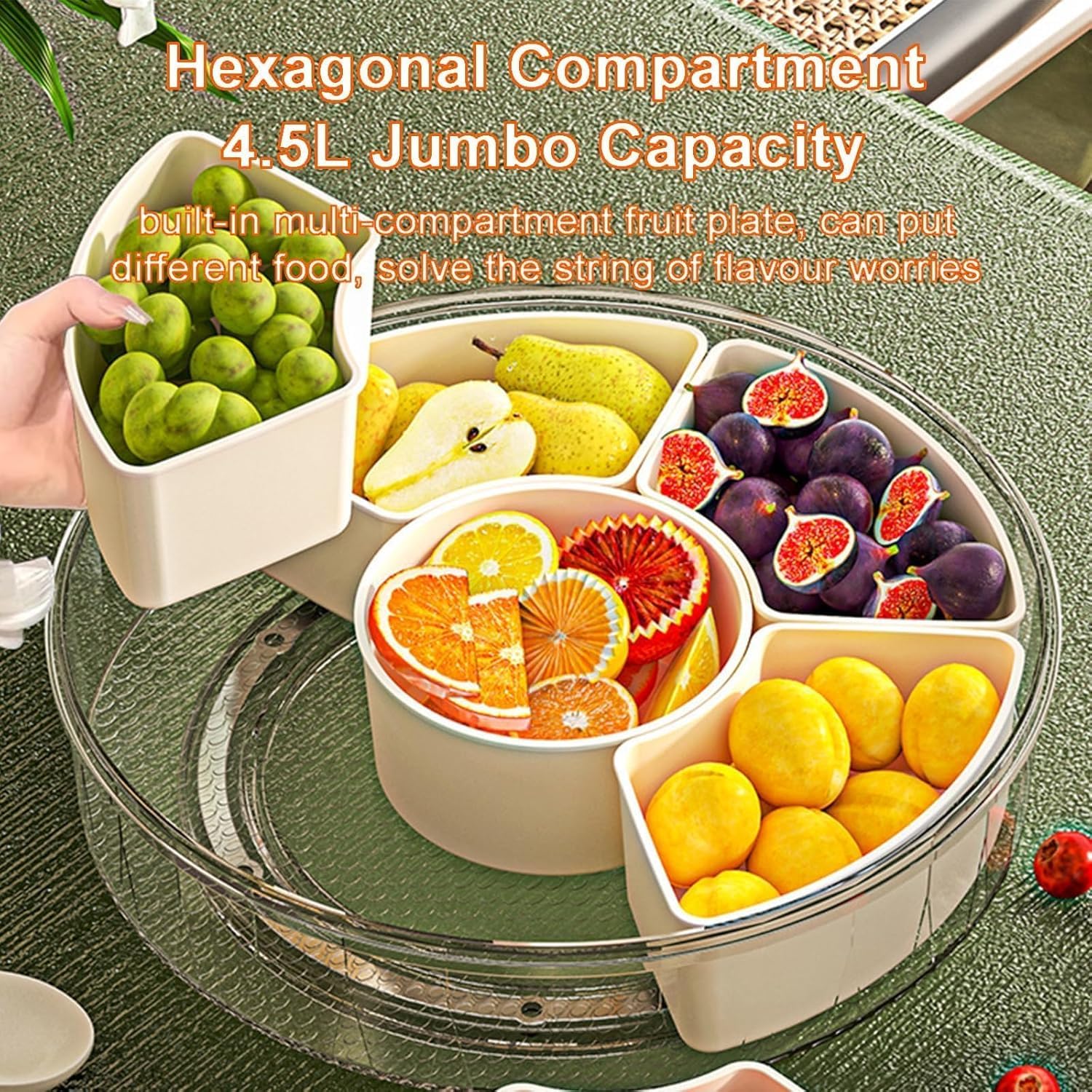 Contenitore portatile per snack con coperchio e manico, vassoio girevole con 6 scomparti trasparenti per snack, frutta, dolci, ideale per feste e viaggi