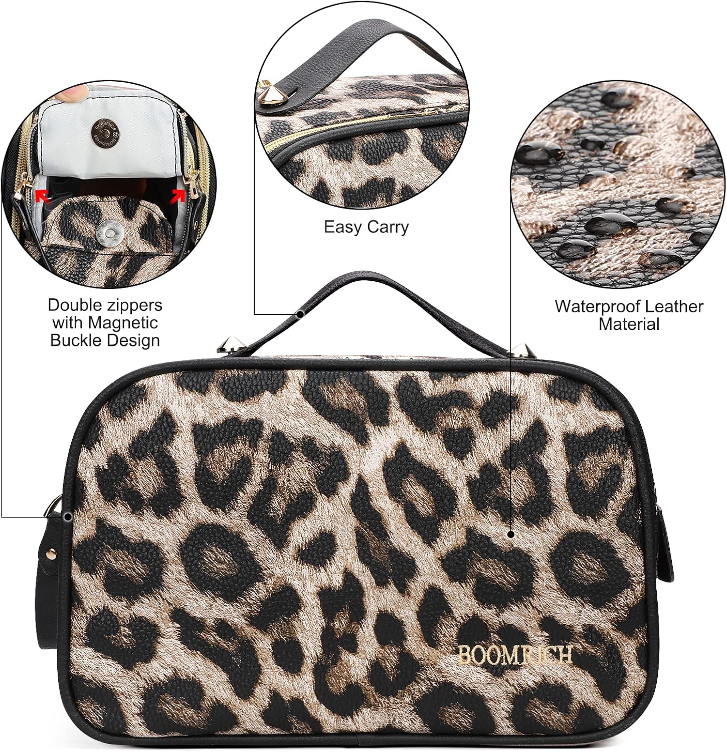 BOOMRICH Large Travel Makeup Bag, Cosmetic Bag, Toiletry Bag for Women, Water-Resistant Leather Toiletry Organizer, Dopp Kit for Toiletries Accessories, Leopard - Image 2