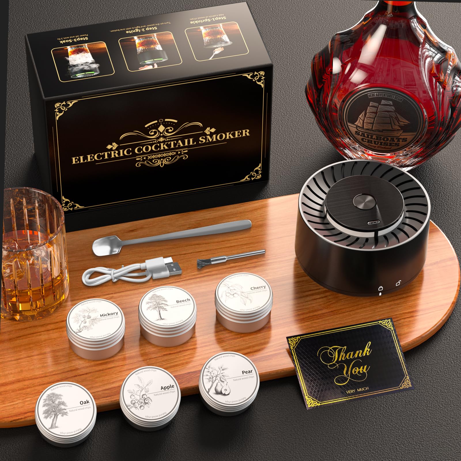 iDiskk Kit ahumador de cócteles eléctrico, ahumador de whisky recargable, encendedor incorporado, 6 astillas de madera para bebidas Old Fashioned, Bourbon, whisky, regalo original para hombres