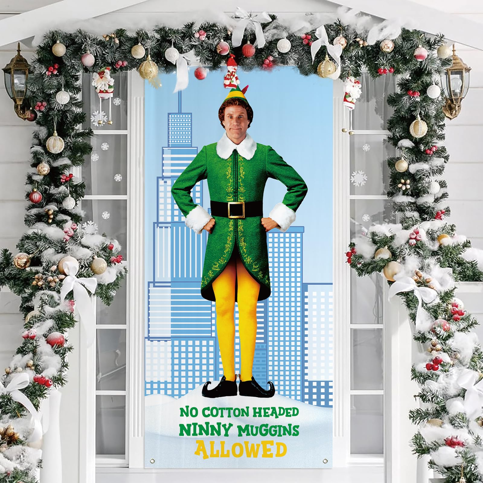 Funny Christmas Door Cover, No Cotton Headed Ninny Muggins Allowed Porch Sign for Outdoor Decorations, Buddy The Elf Photo Booth Background Banner, Elf Christmas Party Decor Supplies, 70.8x35 Inch
