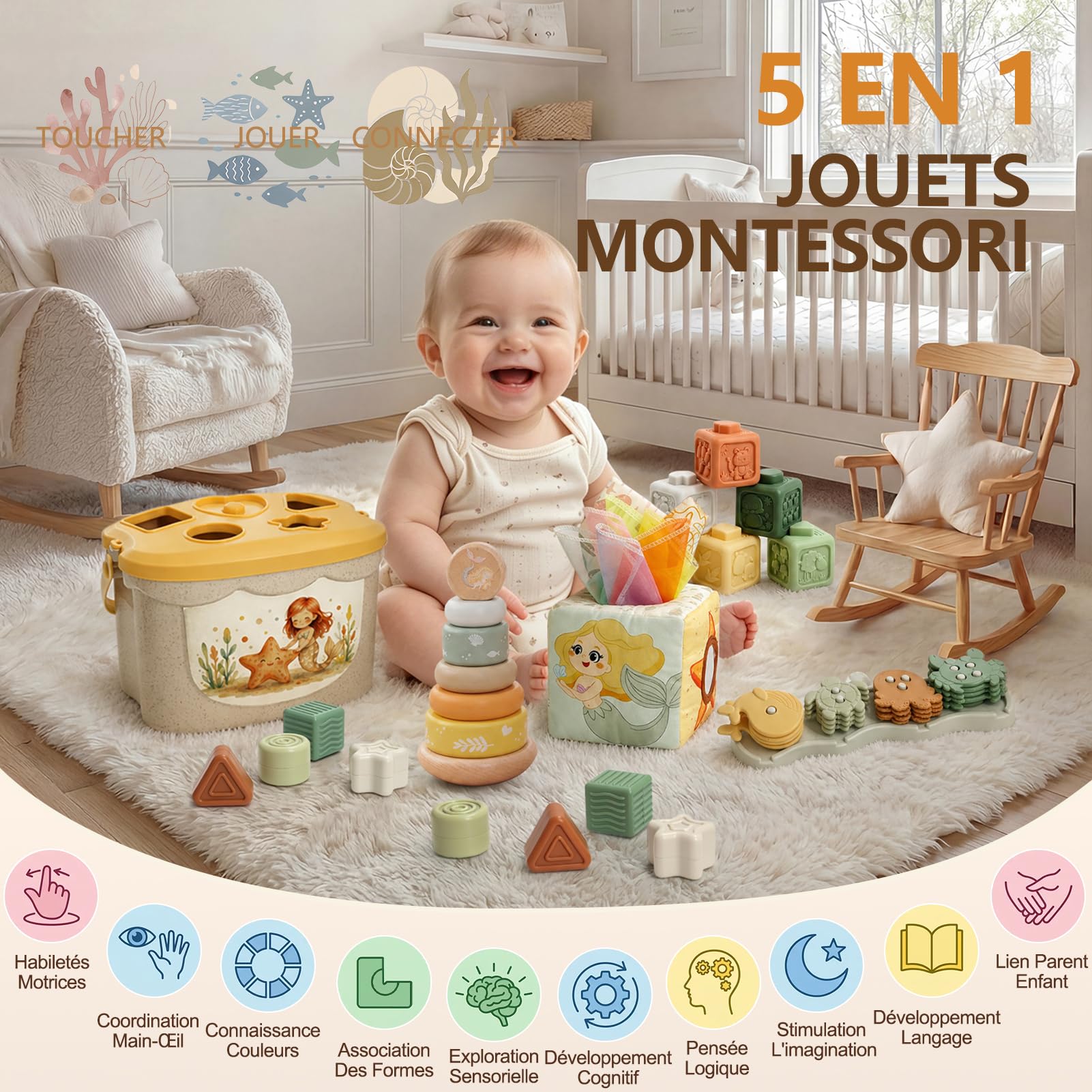 Jouet Bebe 6 Mois, 5 en 1 Jeux Éveil Bébé 6-12 Mois, montessori 6 8 9 mois | Cube Empilables & Tri des Formes, Boîte à Mouchoirs, Jeux Sensoriels 6-24 Mois, Cadeau Anniversaire & Noël Bébé Fille