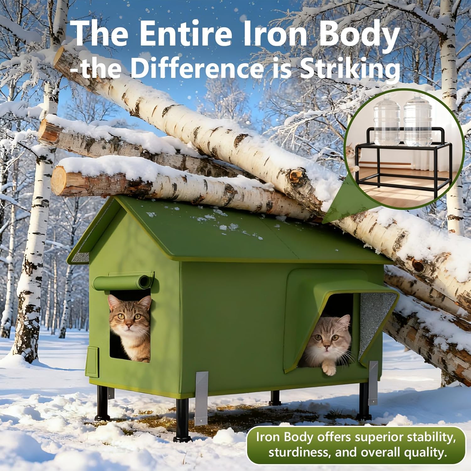 Outdoor Heated Cat House - Kokopro Indestructible Heated Cat House for Outside Winter, 100% Waterproof, Safe Escape Door, Insulated Outdoor Cat Shelter with Heater for Feral Barn Cat Kitty