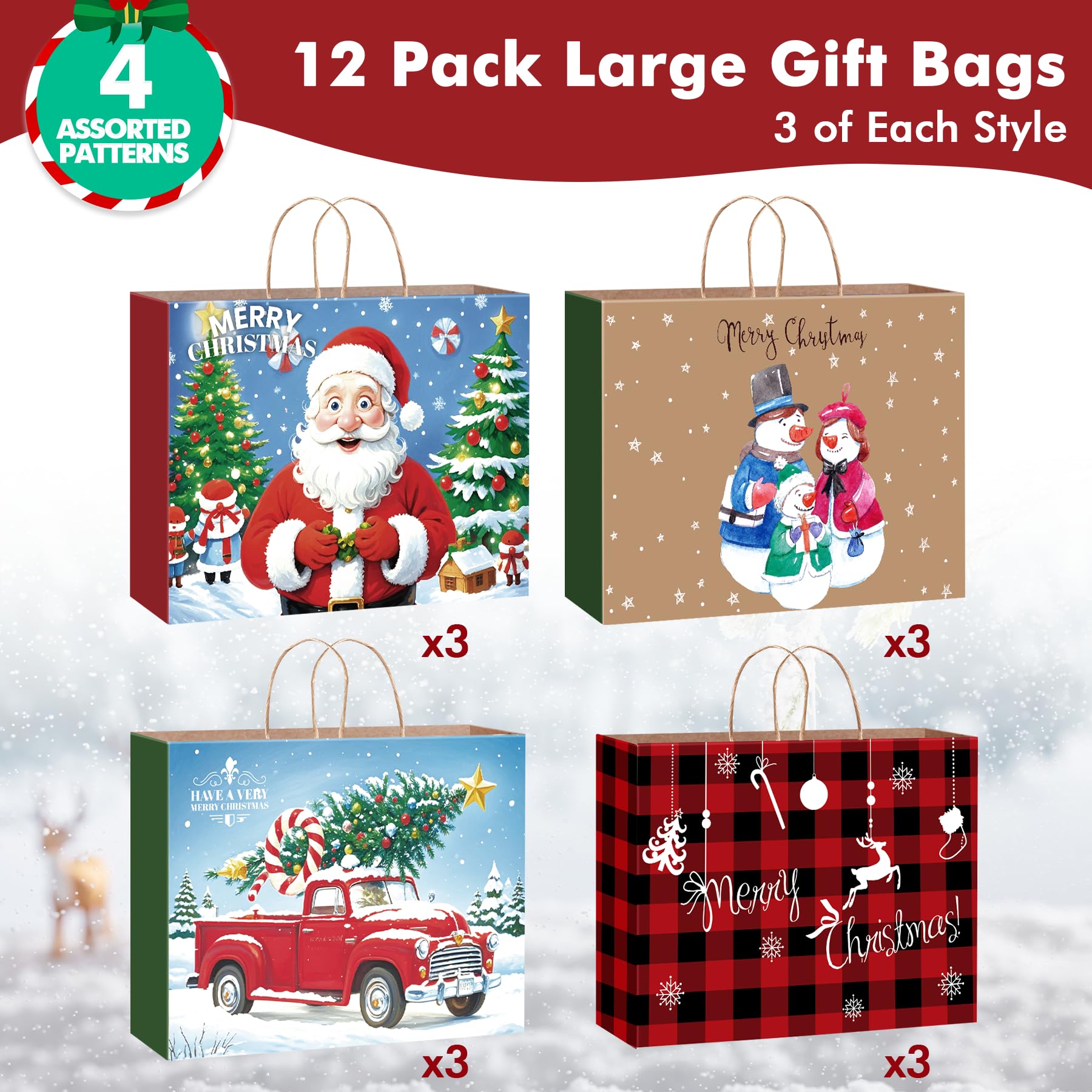 Bszatan Lot de 12 sacs fourre-tout extra larges en papier kraft avec poignée pour cadeaux de Noël, vacances, Nouvel An, 50,8 x 38,1 x 17,8 cm