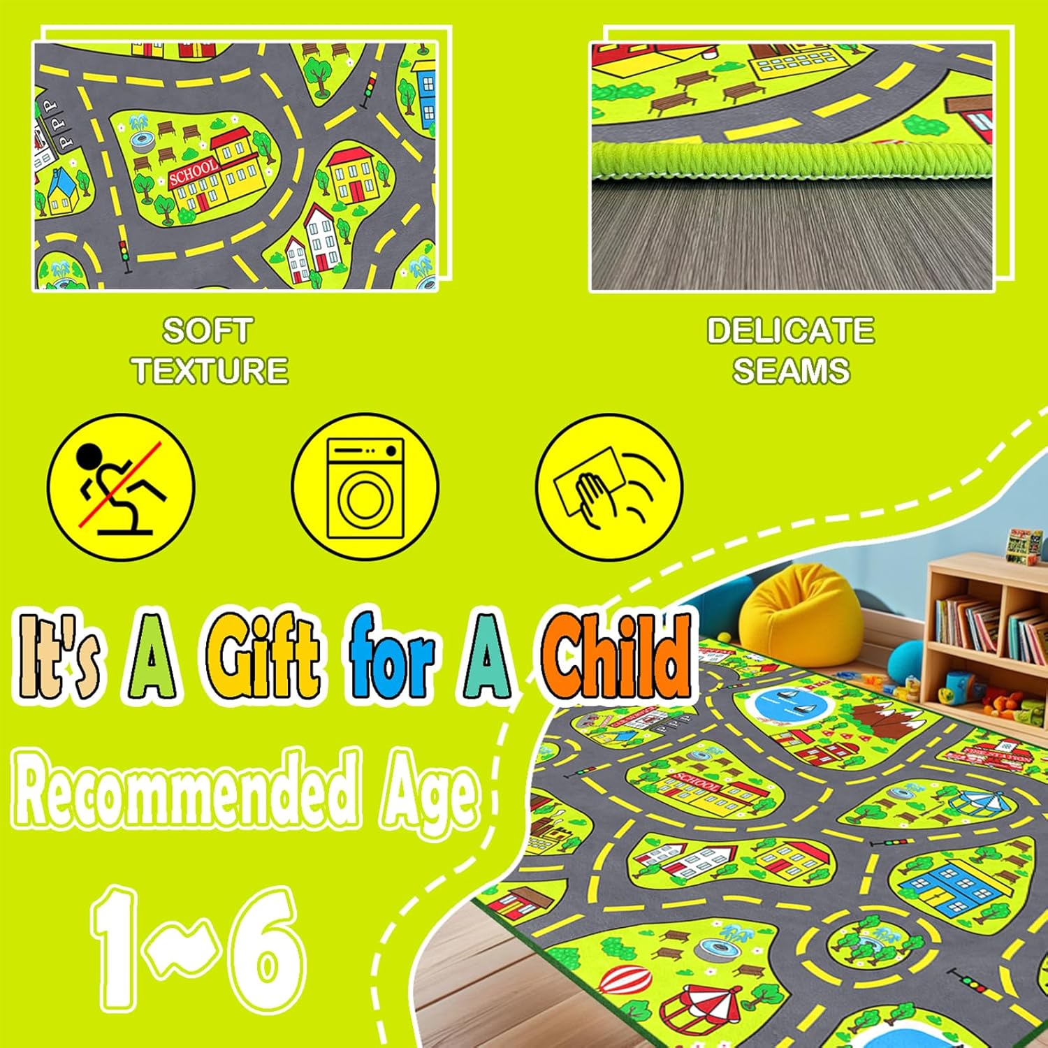 Car Rug Play Mat 3x5 Feet, Car Road Rug for Kids City Road Map Carpet Educational Learning Play Carpet Kids Play Rugs for Playroom Classroom Bedroom