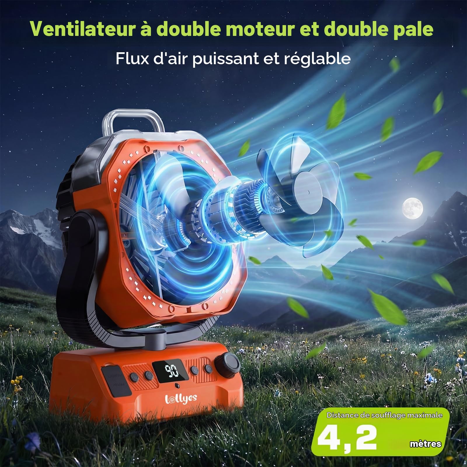 Lolleys Ventilateur Brumisateur de Camping 20000mAh, Ventilateur Portable Rechargeable avec Télécommande, Double Moteur, Crochet 360°, Vitesse Variable pour Extérieur Pêche Camping-car Plage, Orange