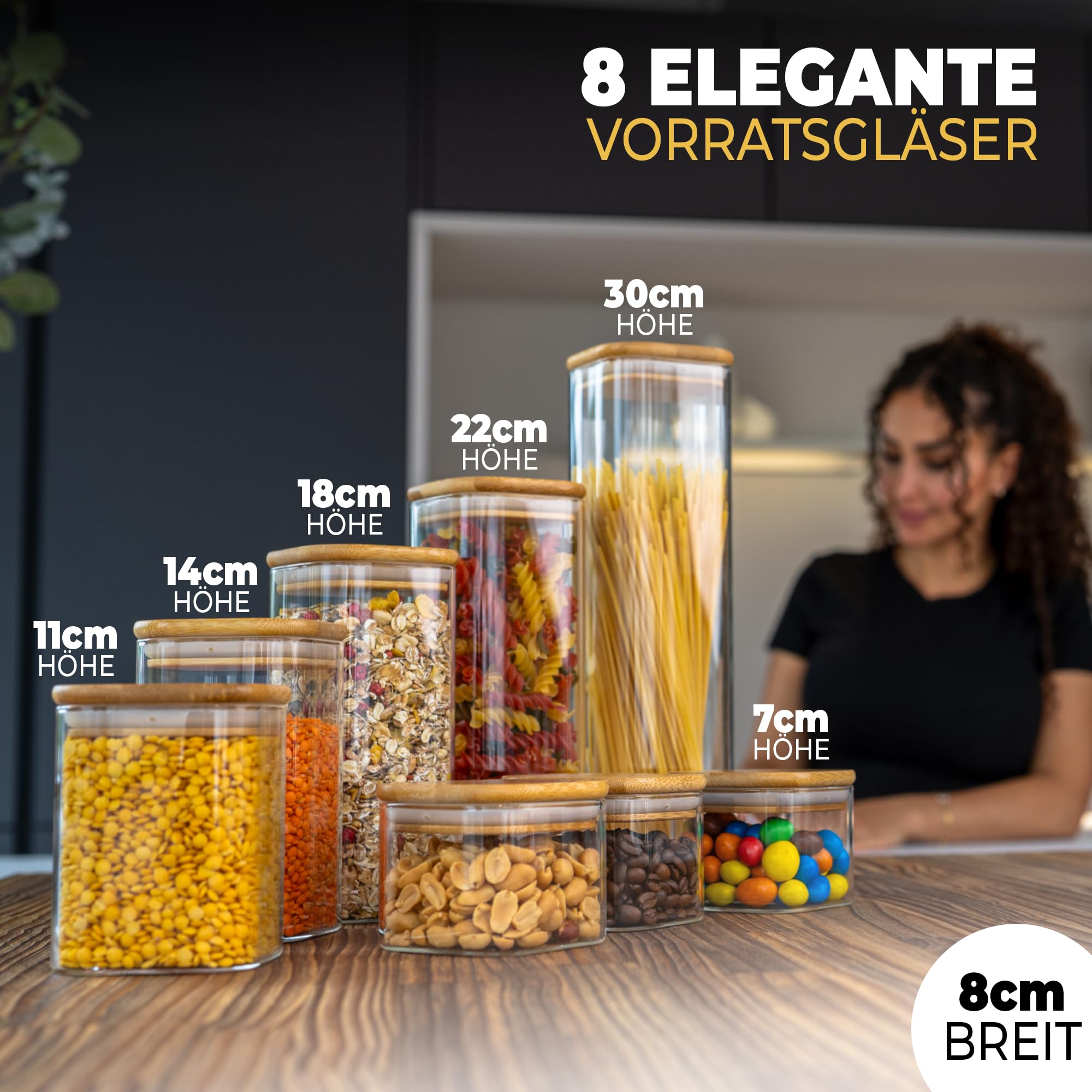 CLIDOR Tarros de almacenamiento con tapa, rectangulares, juego de 8 unidades – 5,2 l de volumen, mayor grosor de cristal, tarros con tapa hermética, caja de almacenamiento de cocina para todos los