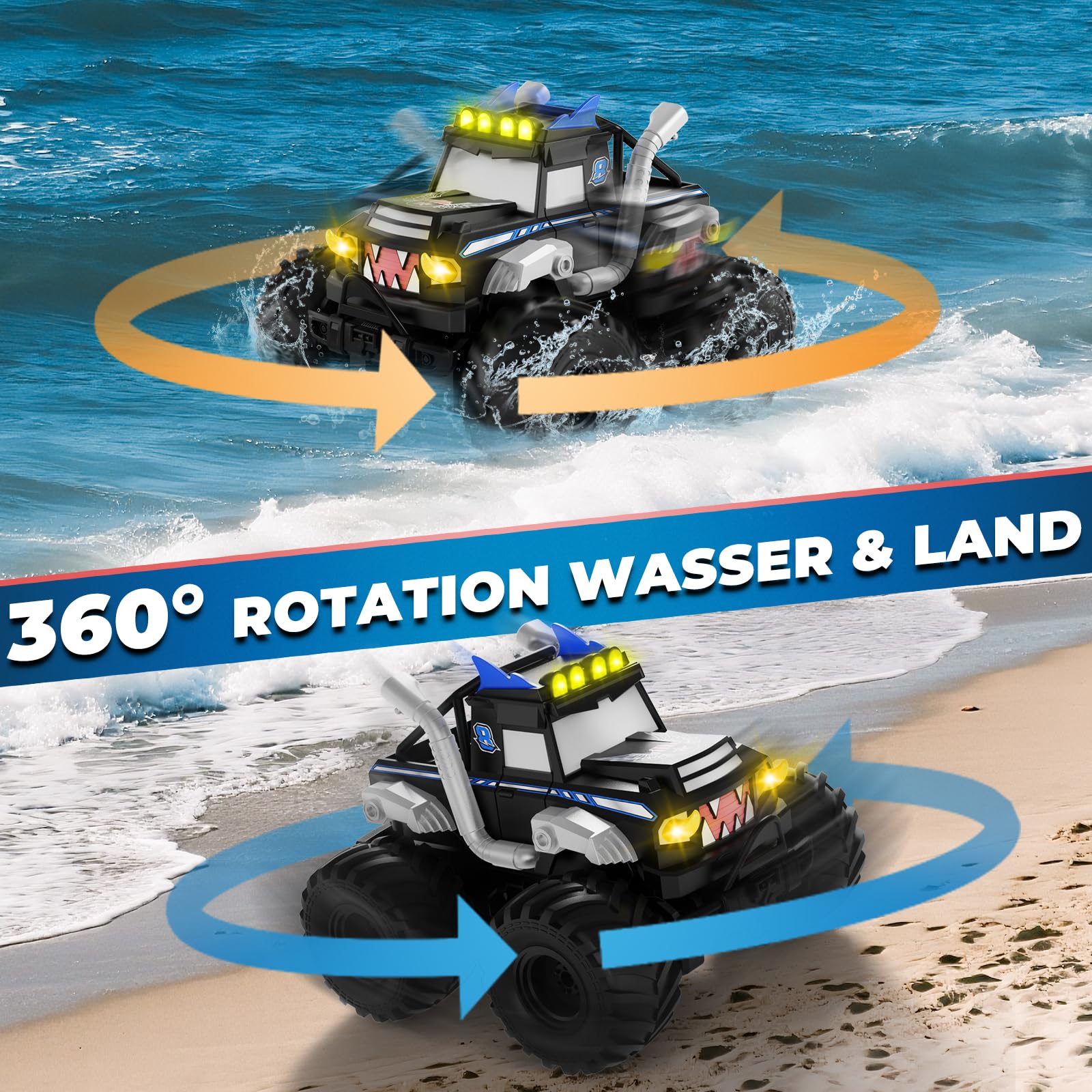 Amphibienfahrzeug Ferngesteuertes Auto ab 6 Jahre - 2.4GHz Monstertruck ferngesteuert RC Truck 30 km/h mit LED-Leuchten, 360°Rotation, Maßstab 1:16, 2 Akkus, Geburtstagsgeschenk für Jungen, Schwarz
