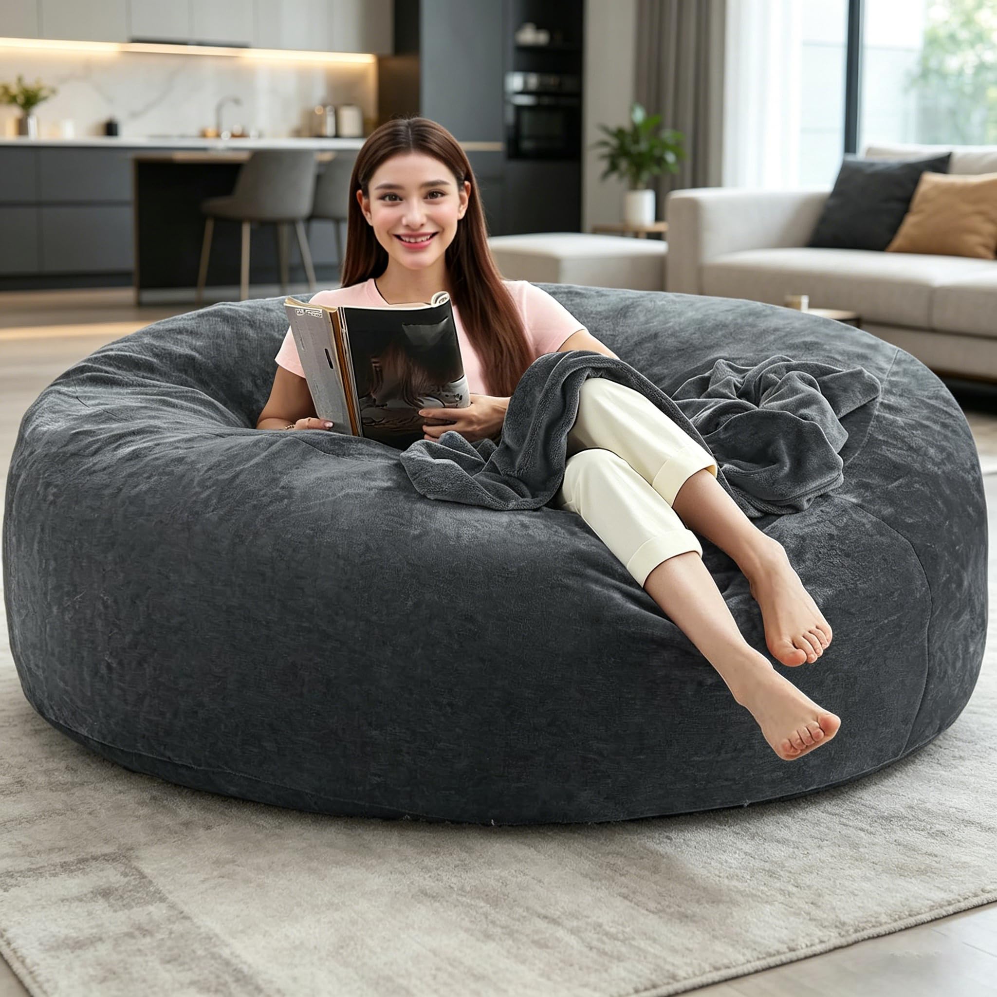 Chaises Big Bean Bag pour Adultes,Sac de Haricot avec Remplissage Inclus,Mousse,géant,Convient aux chaises de Lecture dans Le Salon,la Chambre et Le dortoir. (Dark Gray, 6FT)