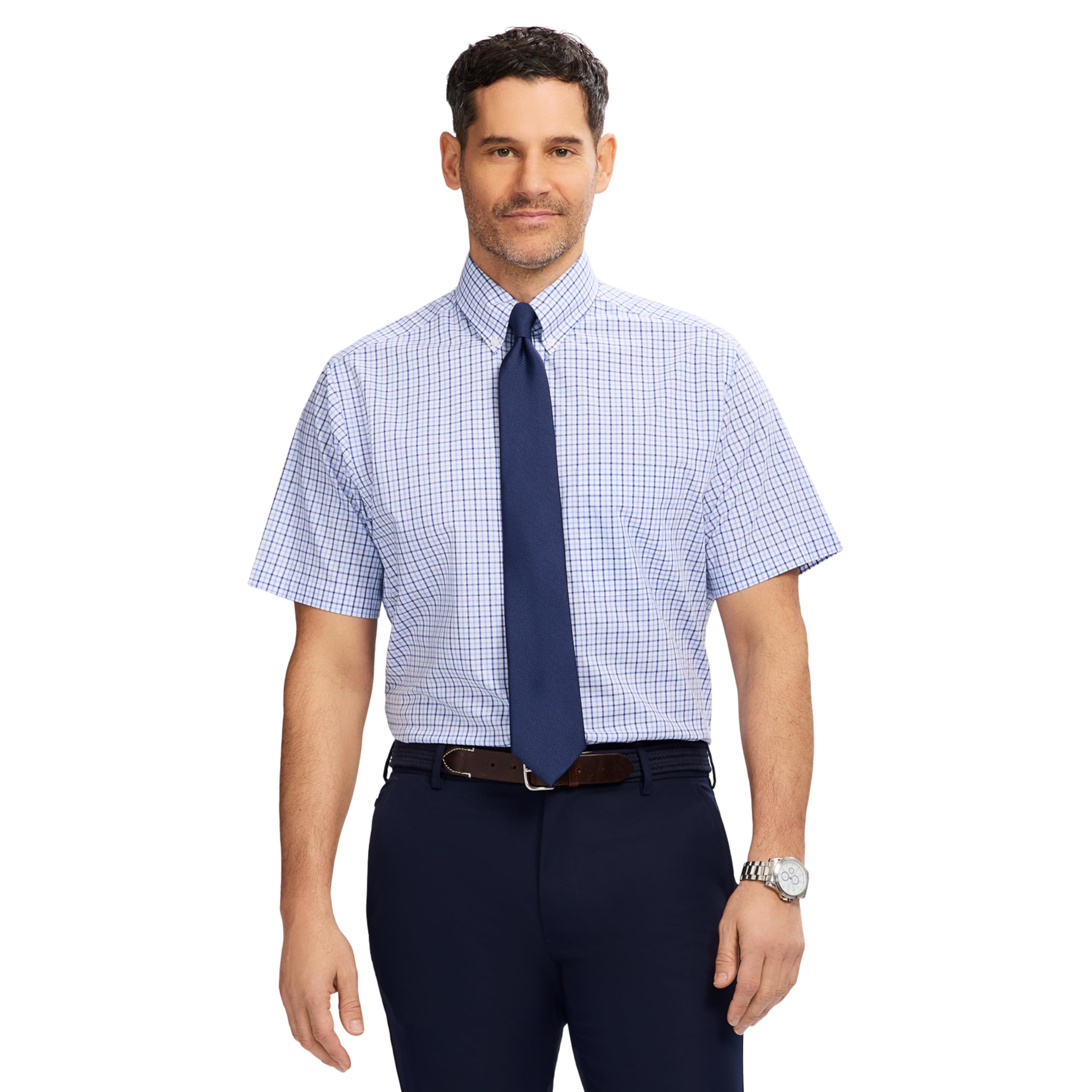 Izod Mens Dress Shirt Regular Fit Short Sleeve All Over Stretch Button Down Collar