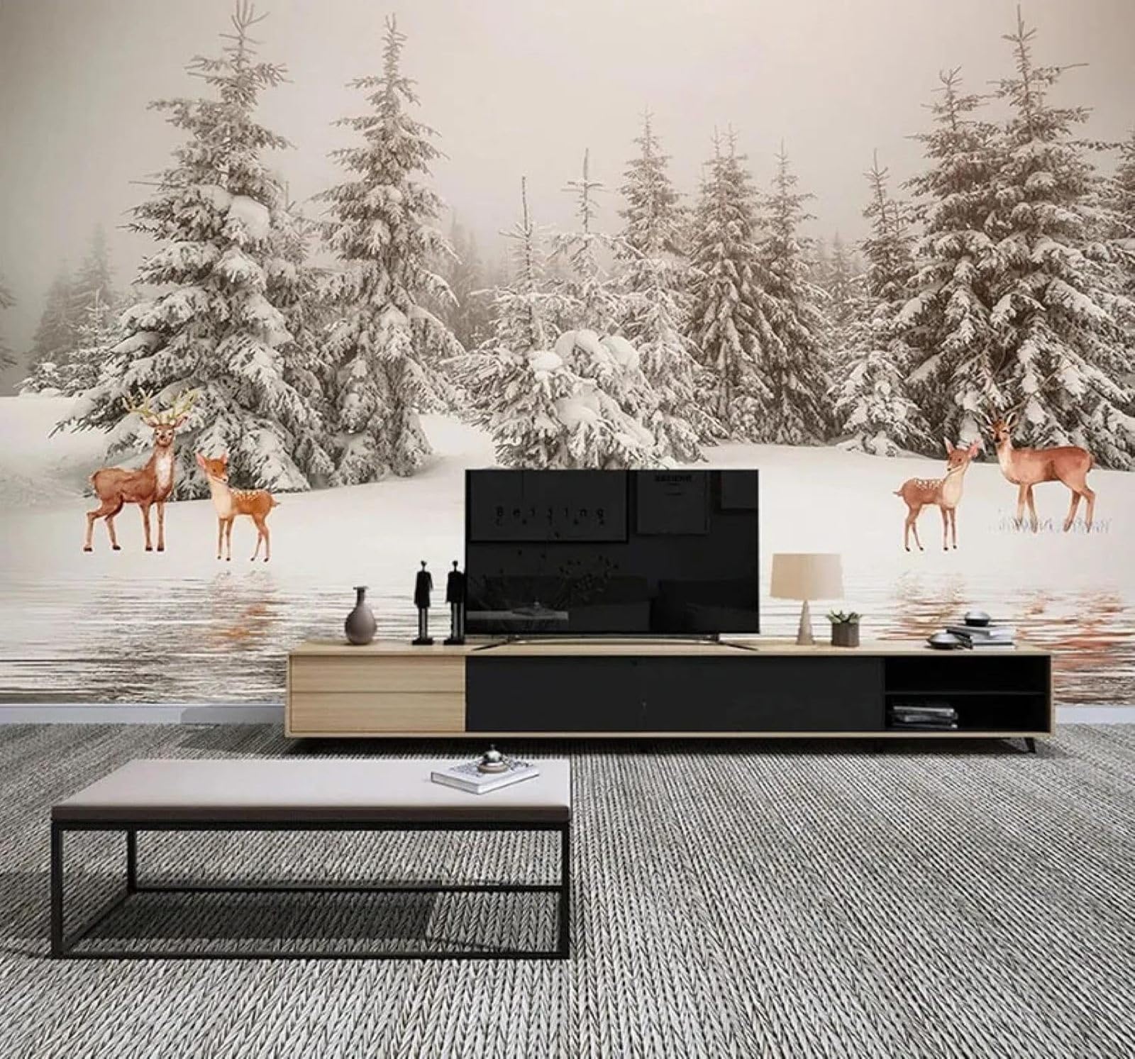 XLMING Vintage Beautiful Forest Reindeer Snowy Landscape 3D Wallpaper Luxury Home Dining Decor Paste Sofa Living Room The Wall for Bedroom Mural-150cm×105cm