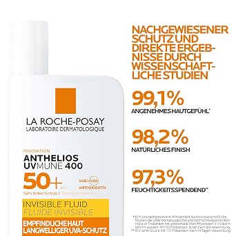 La Roche Posay Sun Fluid for the Face for Sun Allergy Prone and Sensitive Skin with Innovative UV Filter Mexoryl 400 SPF 50+ Anthelios Invisible Fluid UVMune 400 50 ml