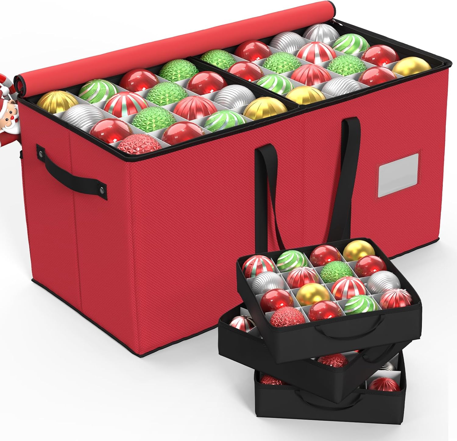 Christmas Ornament Storage Box With 8 Trays - Stores Up to 128 Holiday Ornaments, Christmas Storage Container with Side Pocket, Adjustable Dividers, Card Slot, Tear-Proof Fabric - Red