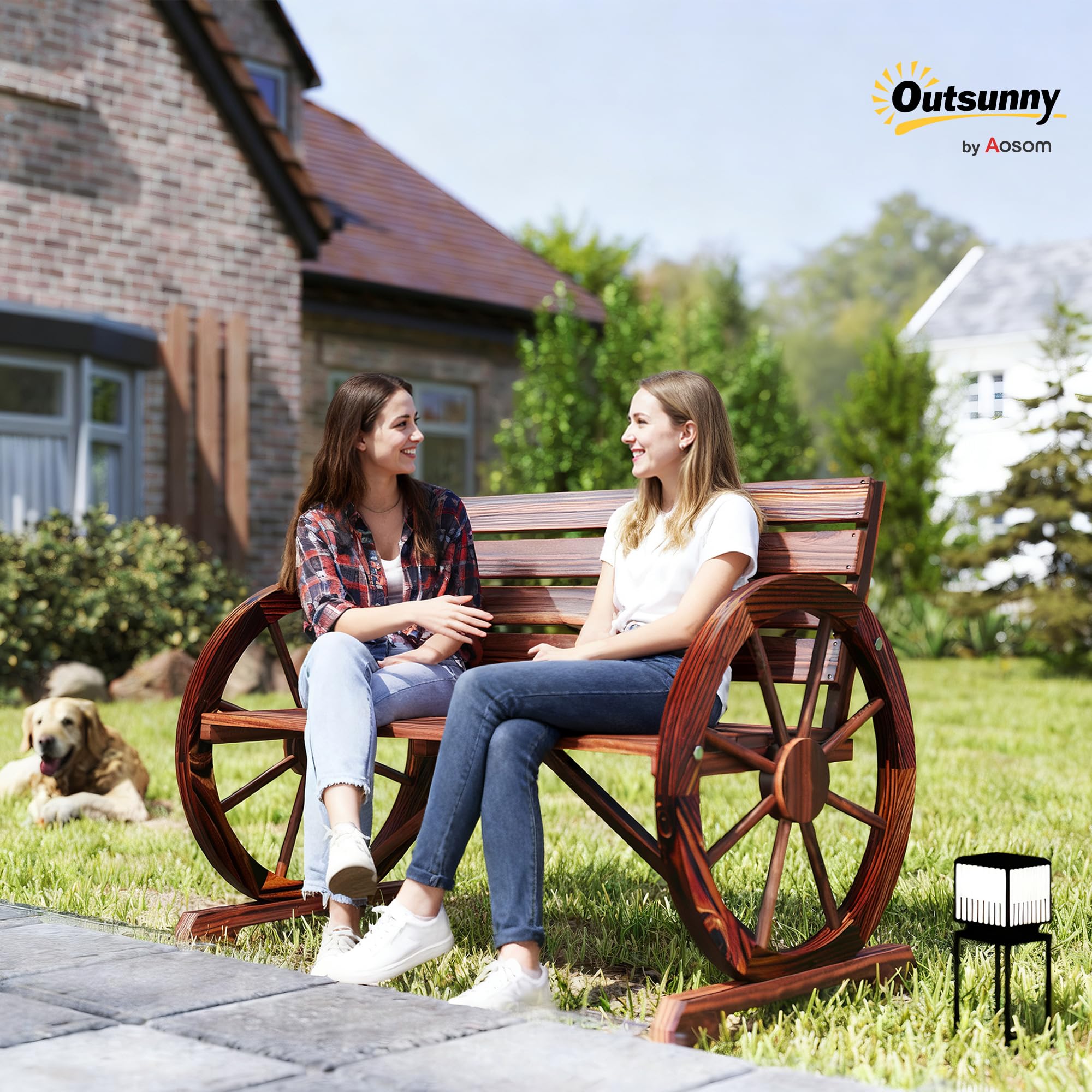 Outsunny Banco de Jardín de Madera, Banco de Exterior con Reposabrazos en Forma de Rueda, Estilo Rústico, Carga 250 kg, de 2 Plazas, para Patio, Terraza, 105,5x59x75 cm, Carbonizado