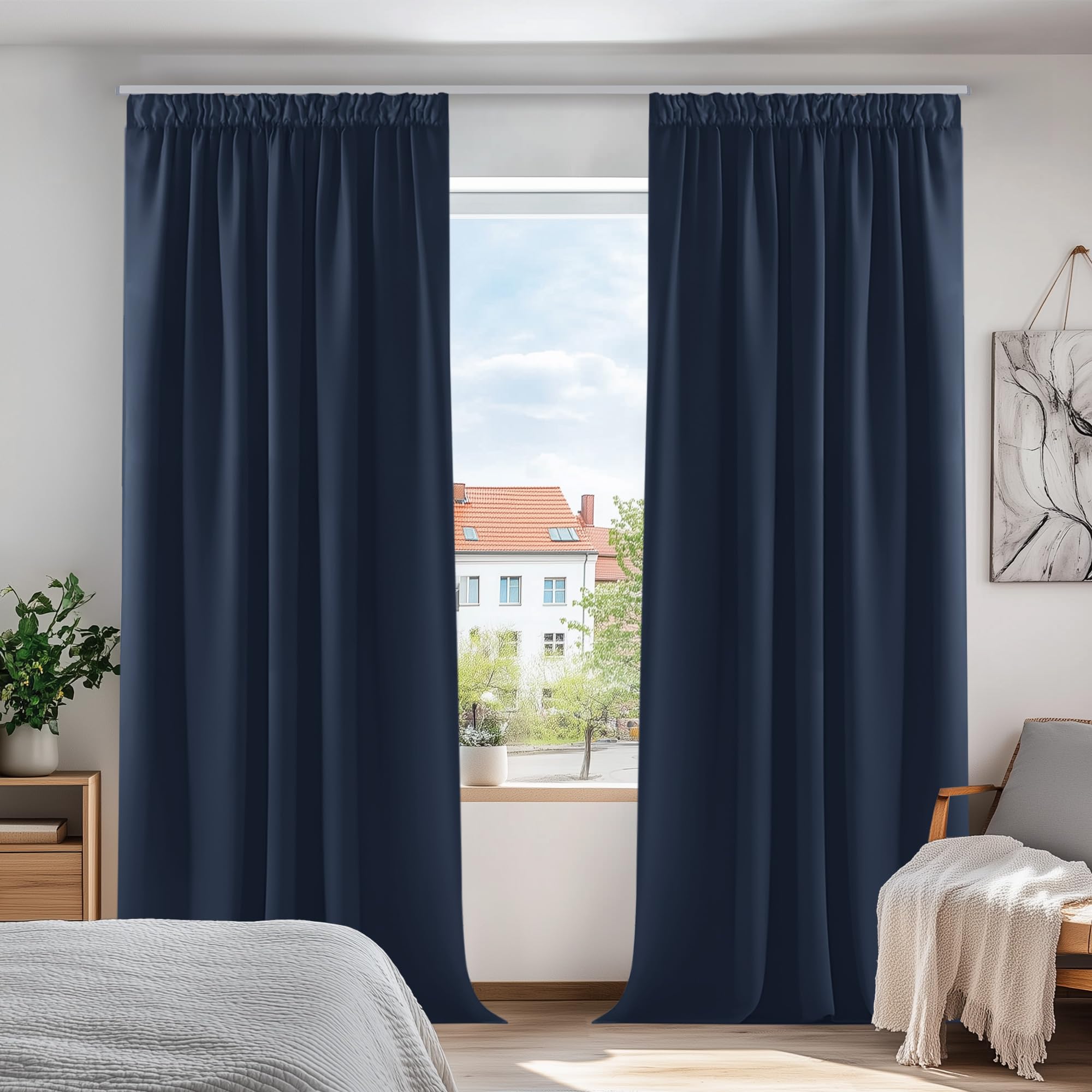 Deconovo Blickdicht Vorhänge Verdunkelungsgardinen mit Kräuselband Thermovorhang, 220x140cm(HöhexBreite), Dunkelblau, 2er Set