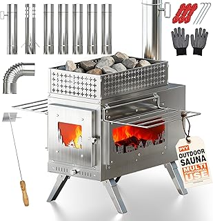 PYY Sauna Wood Stove - Upgraded Side-Window Sauna Stove Wood Burning For Outdoor, 2-In-1 Foldable Portable Sauna Stoves For Camping Tent, Dual Damper, Chimney Pipes, Stone Basket, For Sauna, Cooking