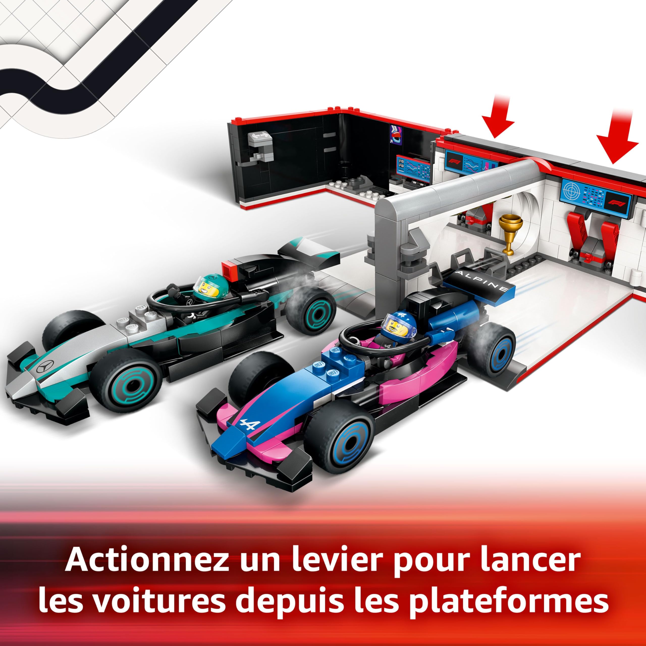 LEGO City Garage de F1 et voitures Mercedes-AMG et Alpine - Jeu de construction pour garçons et filles dès 7 ans - Inclut 2 véhicules, 2 pilotes et 4 mécaniciens - Cadeau pour amateurs de course 60444